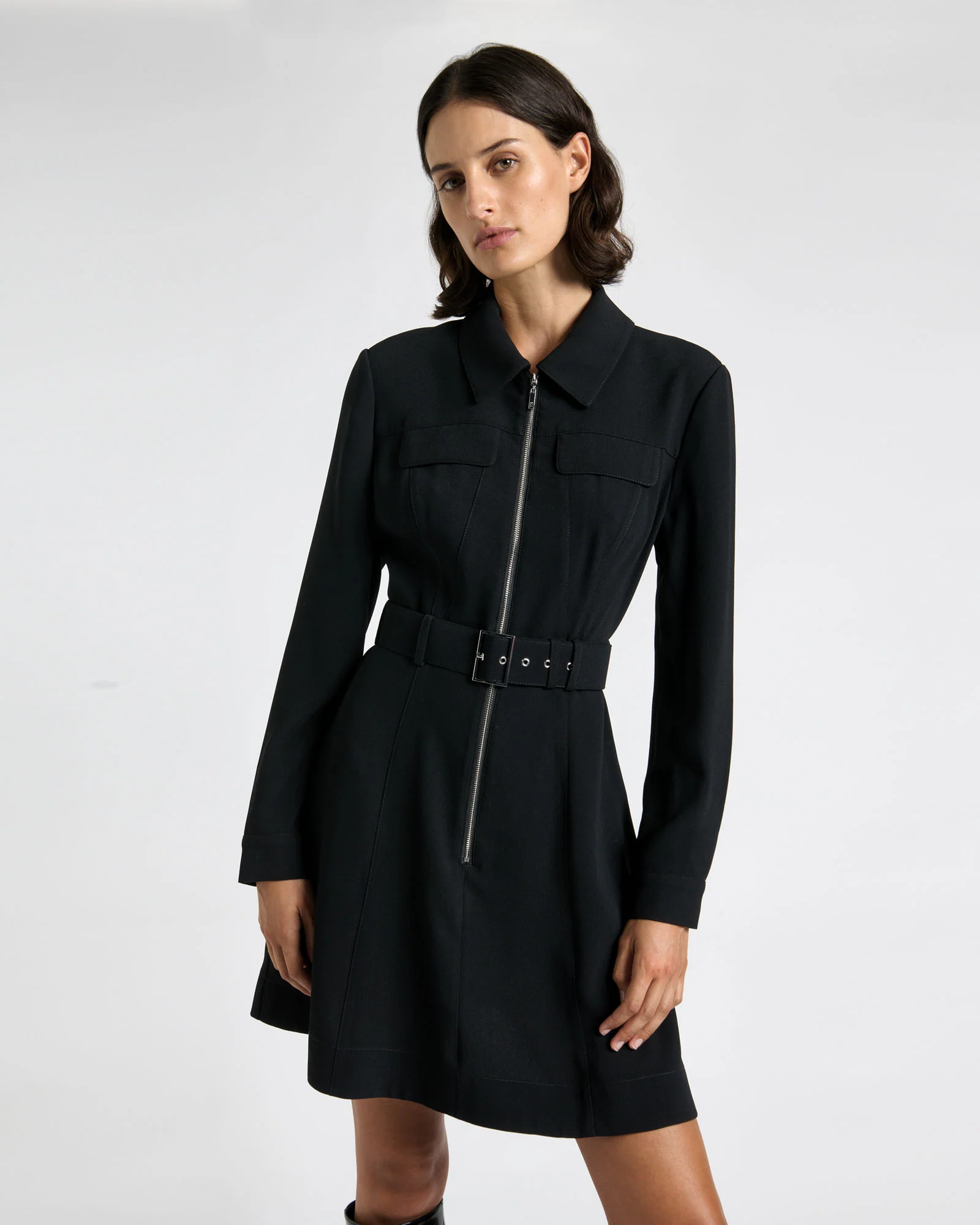 Satin Back Crepe Zip Front Mini Dress