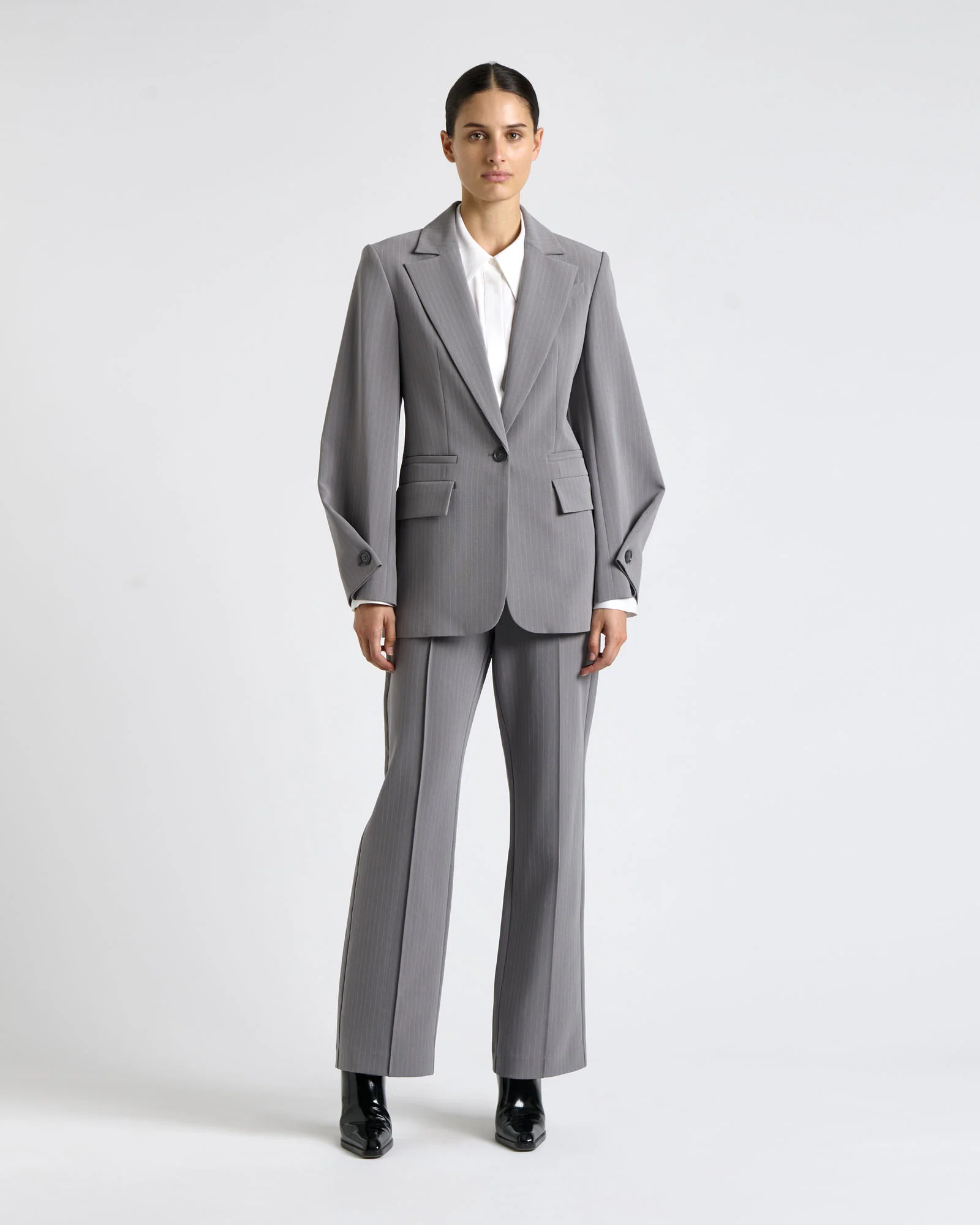 Oyster Acetate Pinstripe Button Sleeve Blazer