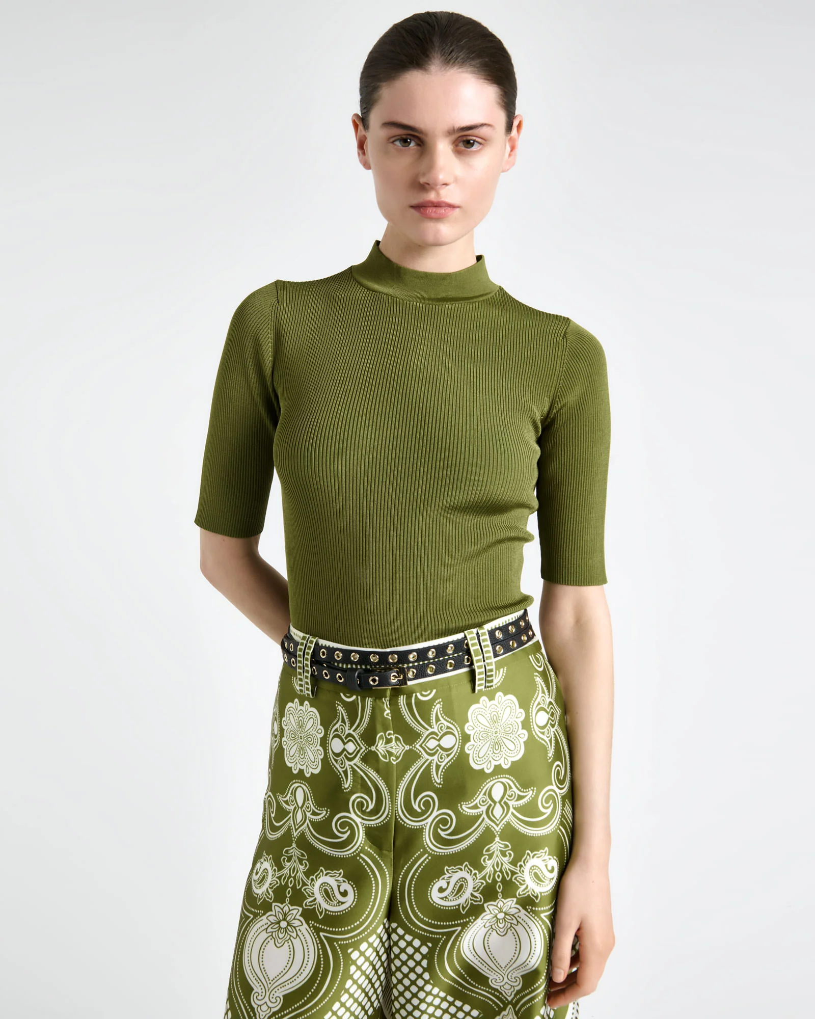 Shiny Rib Elbow Sleeve Knit