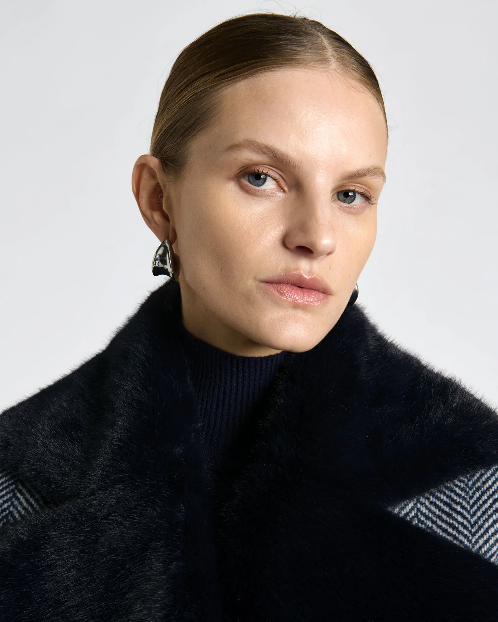 Wool Herringbone Coat With Faux Fur Collar