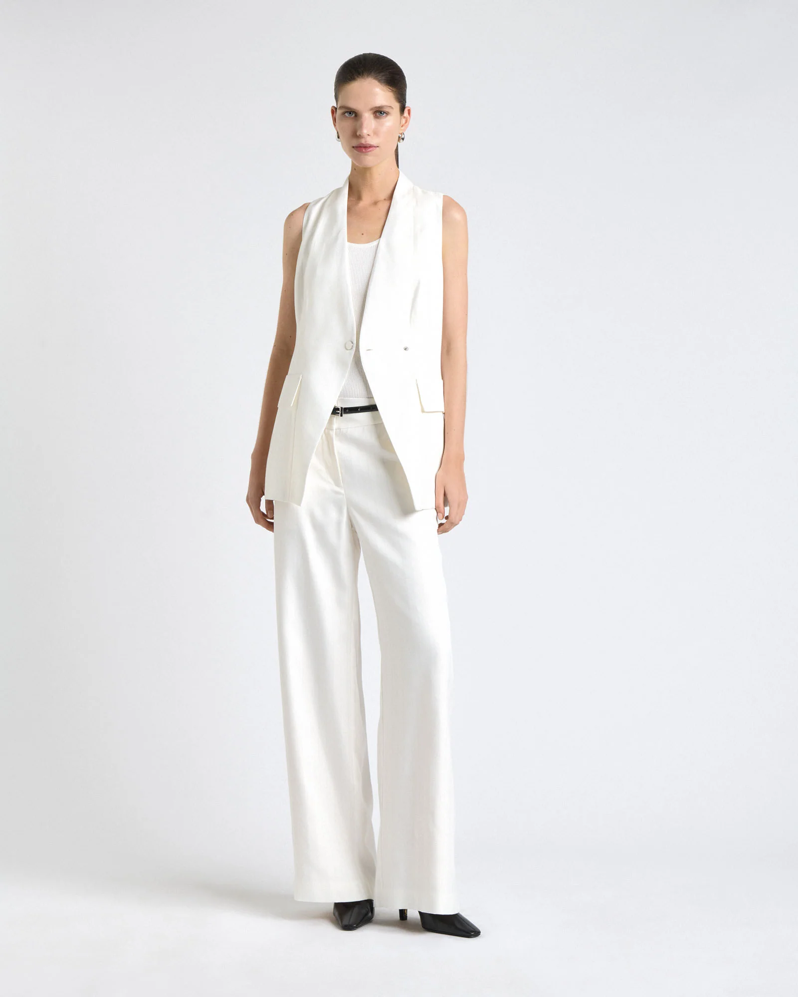 Ivory European Self Stripe Collarless Vest
