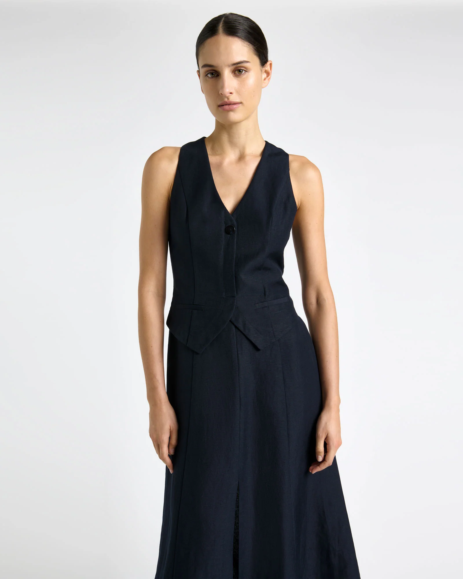 Linen Rayon Waistcoat Midi Dress