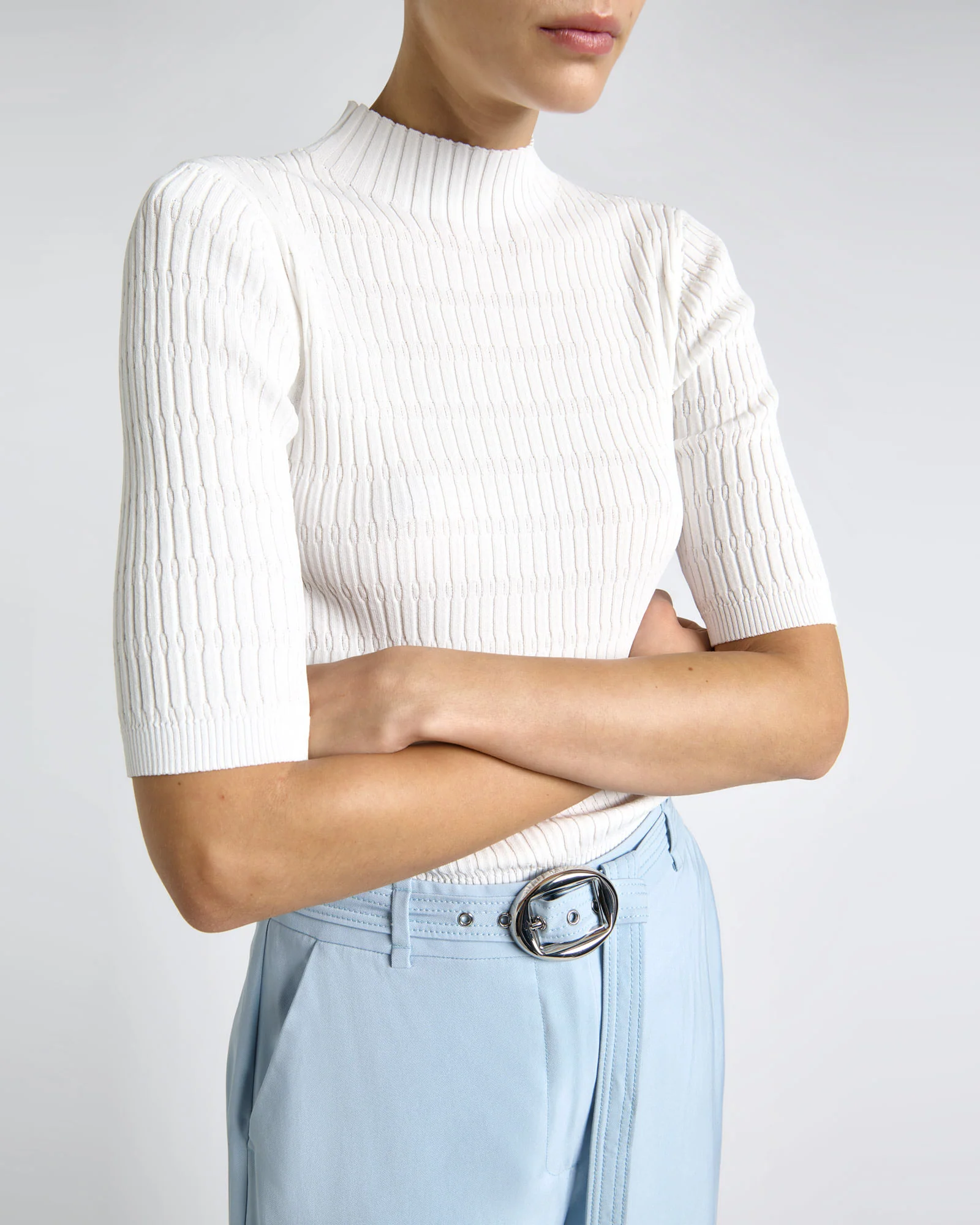 Textured Elbow Sleeve Funnel Neck Knit