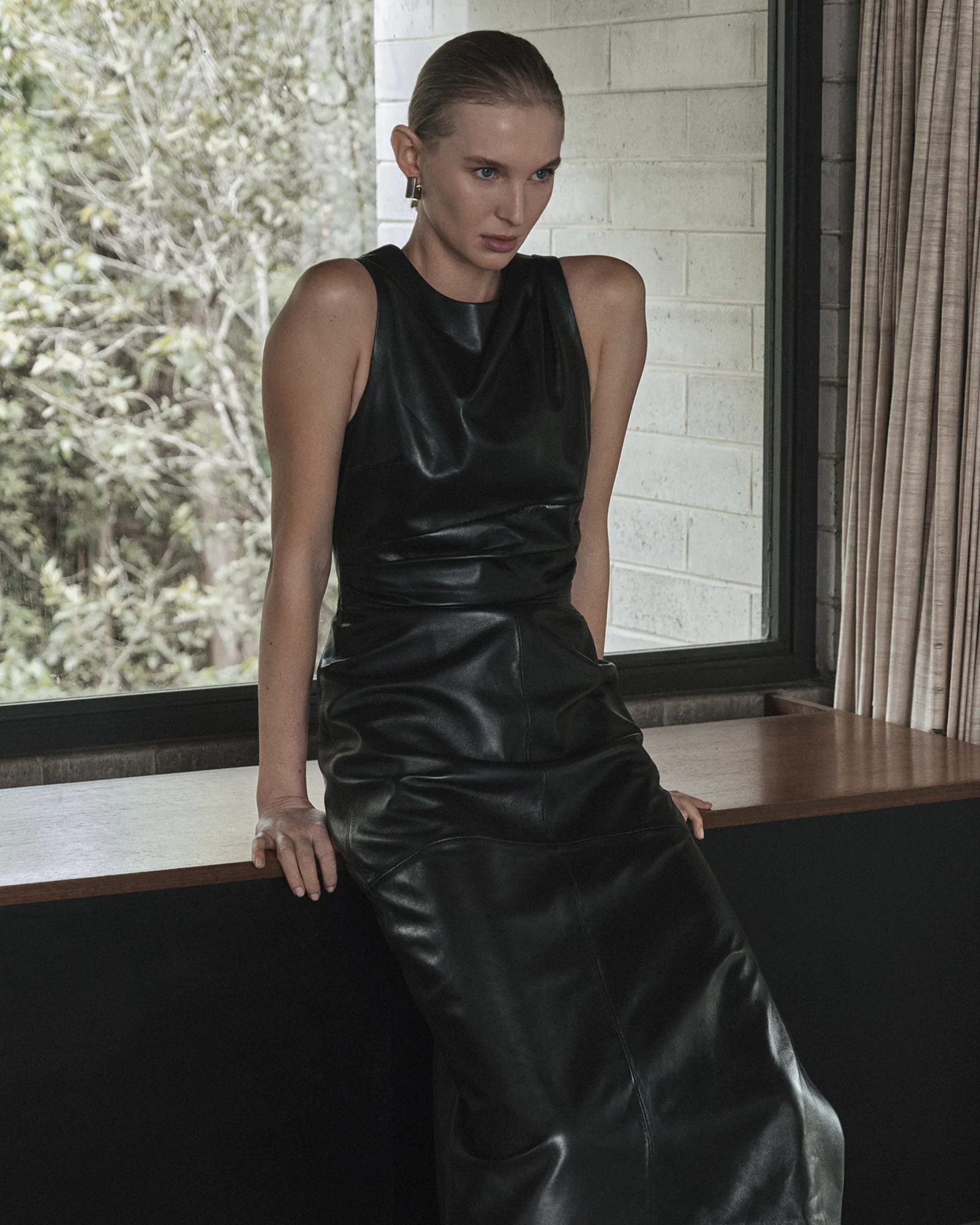 Leather Tucked Midi Dress