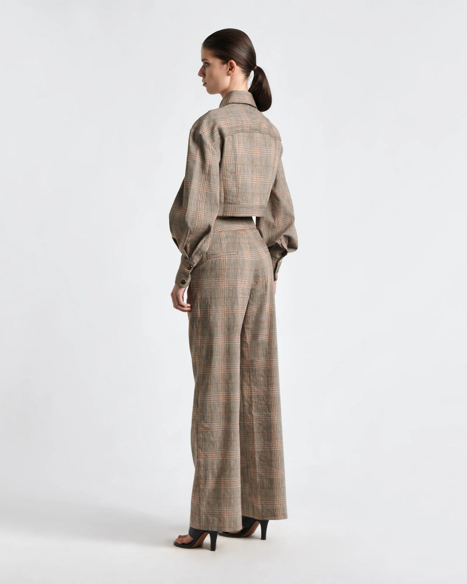 European Linen Wool Check Cropped Jacket