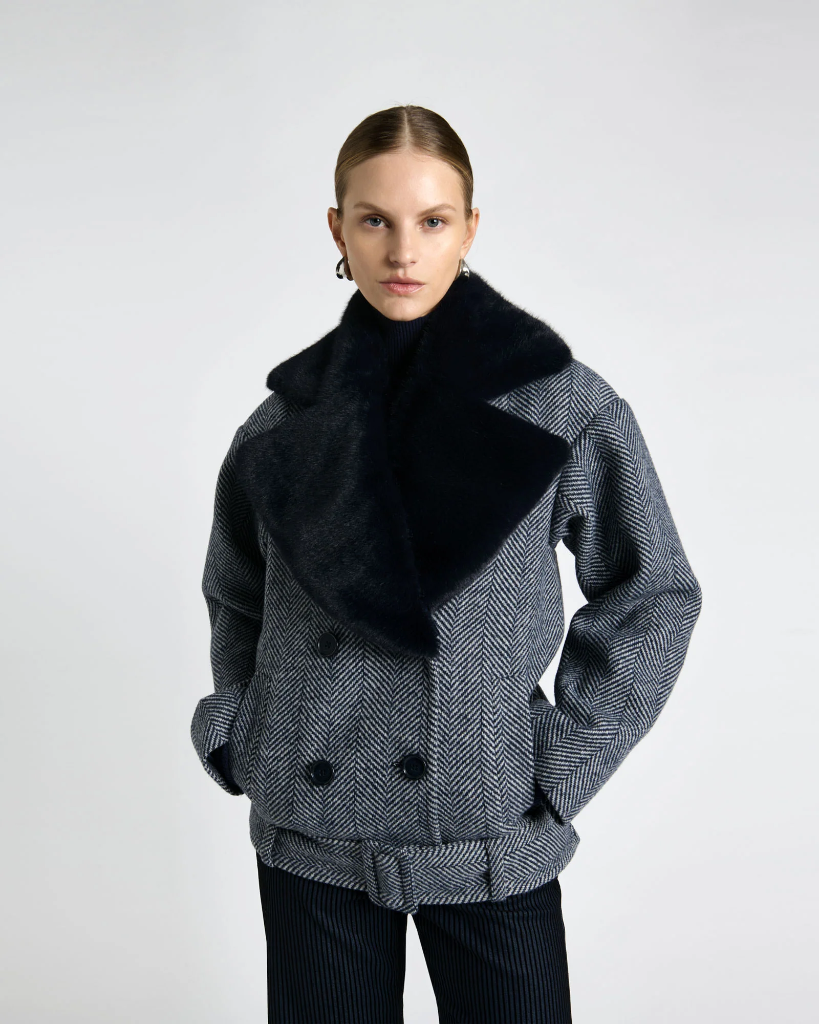 Wool Herringbone Coat With Faux Fur Collar