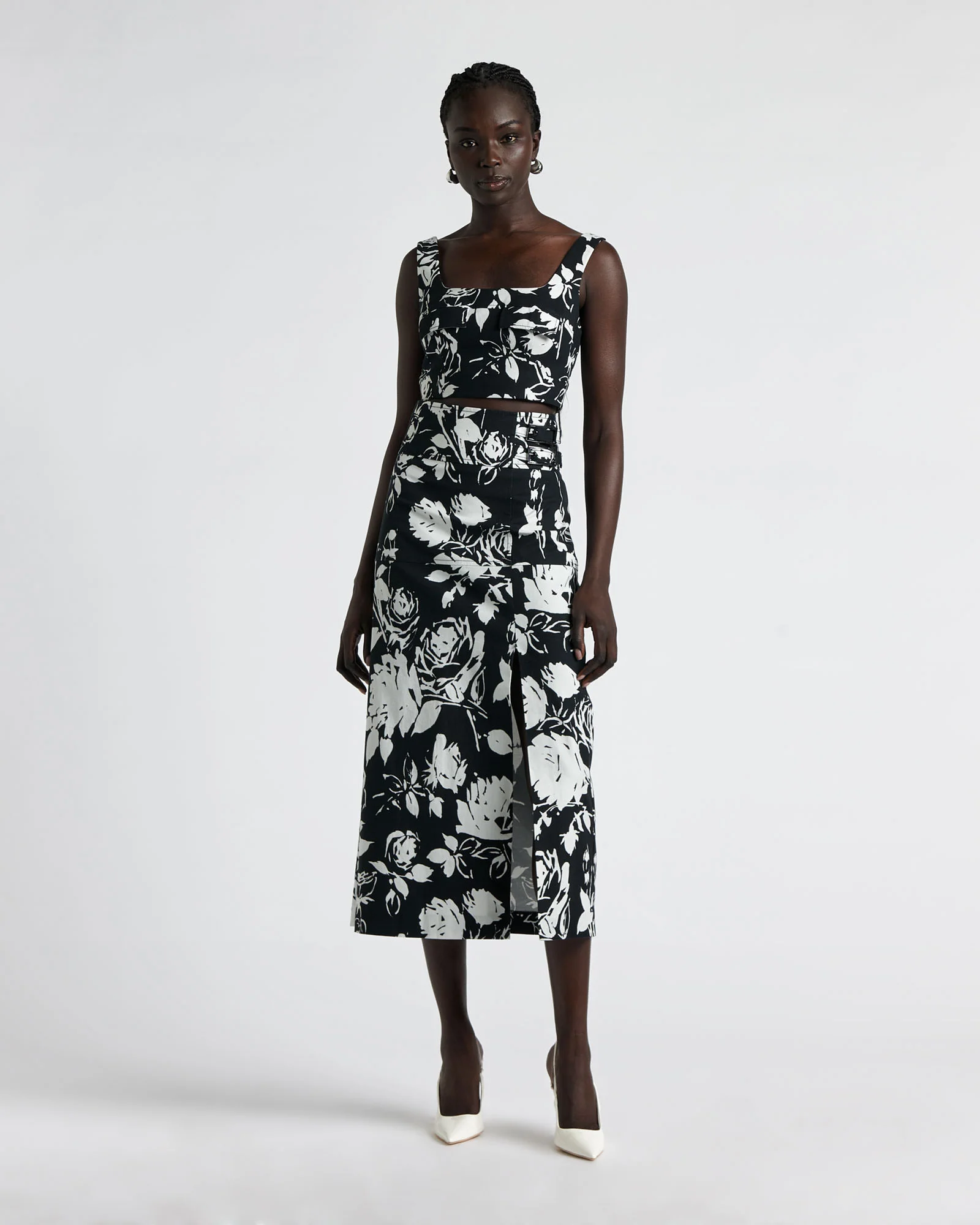 Black And White Rose Midi Skirt