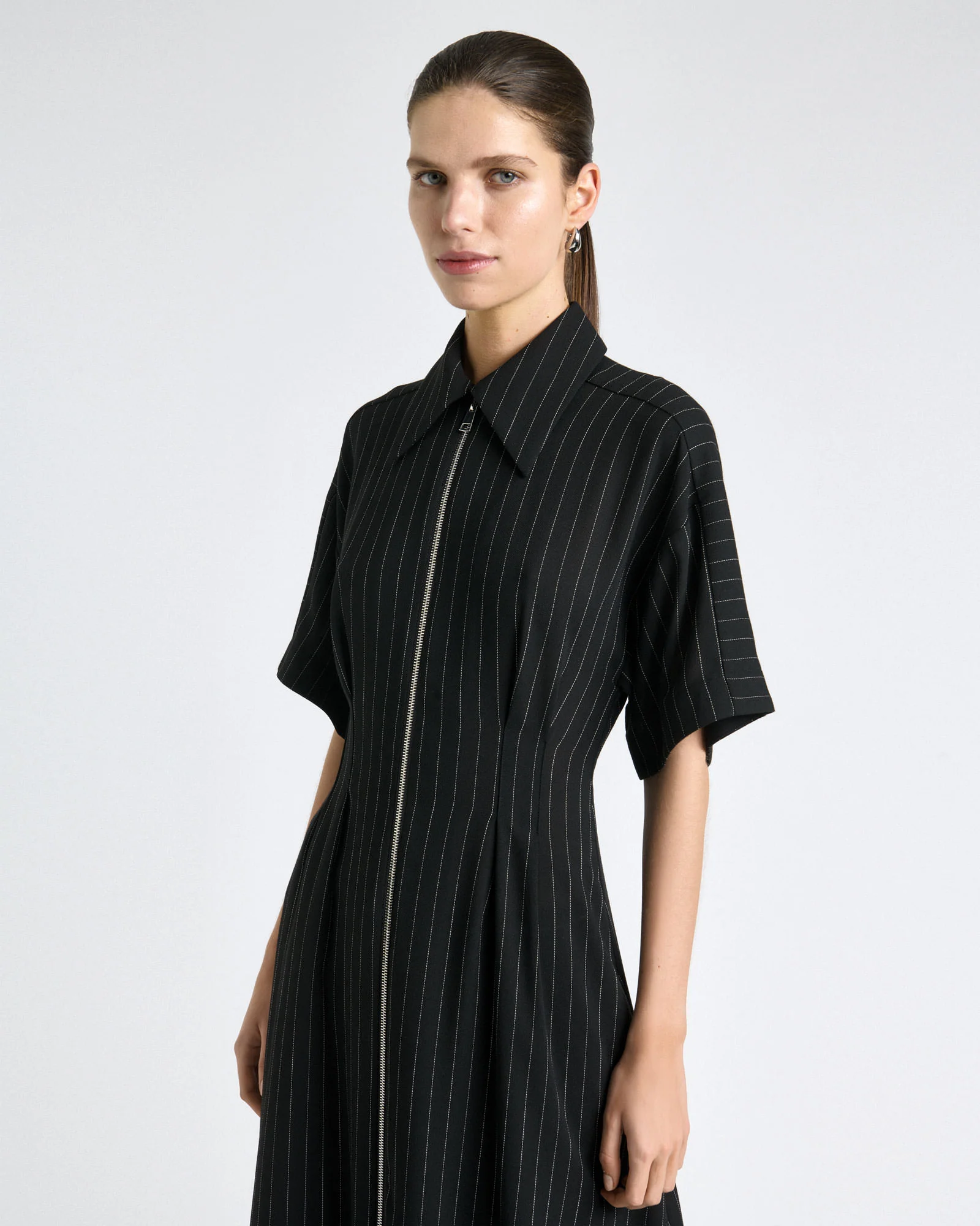 Sheer Stripe Zip Front Midi Dress