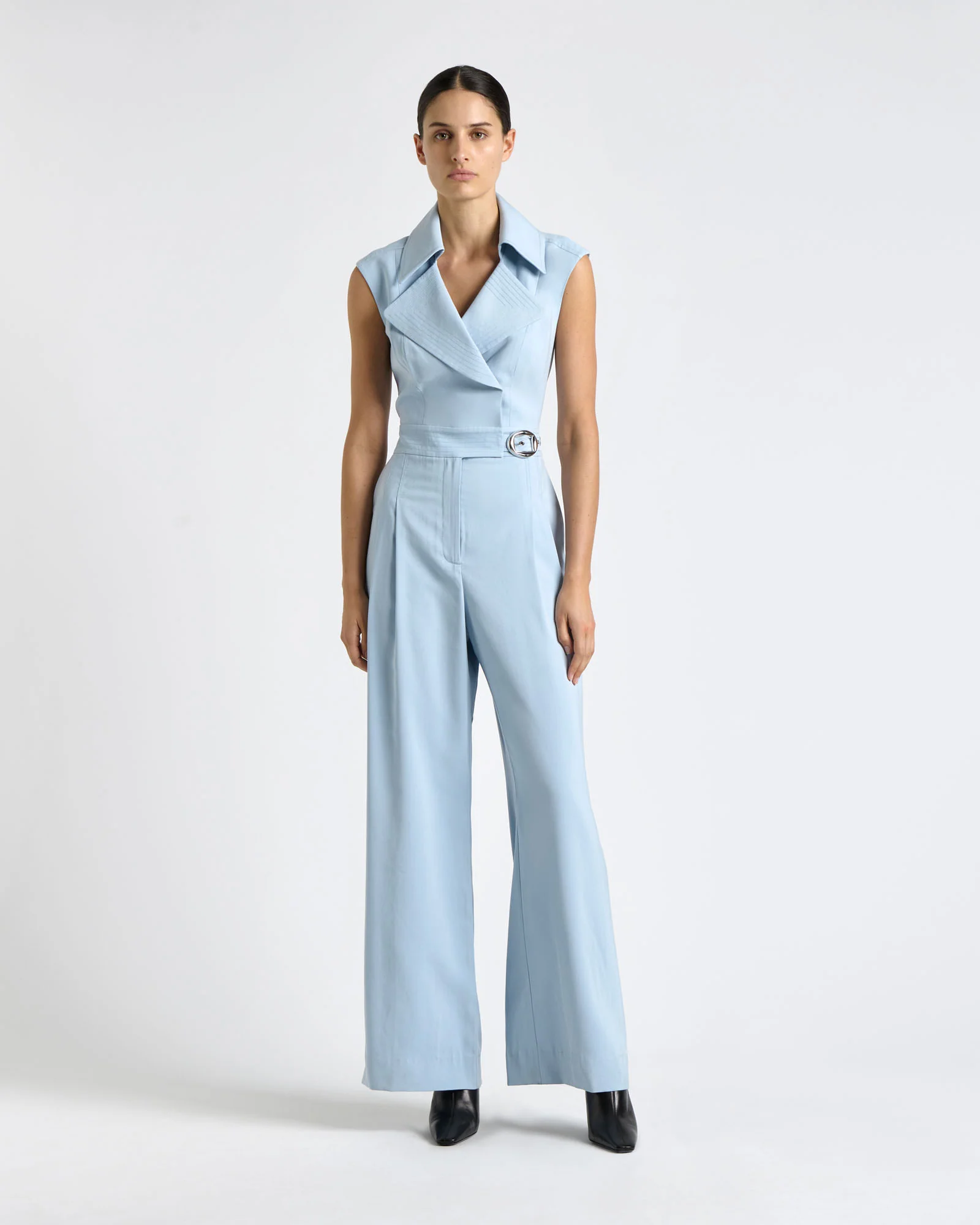 Pale Blue Viscose Twill Wide Leg Jumpsuit