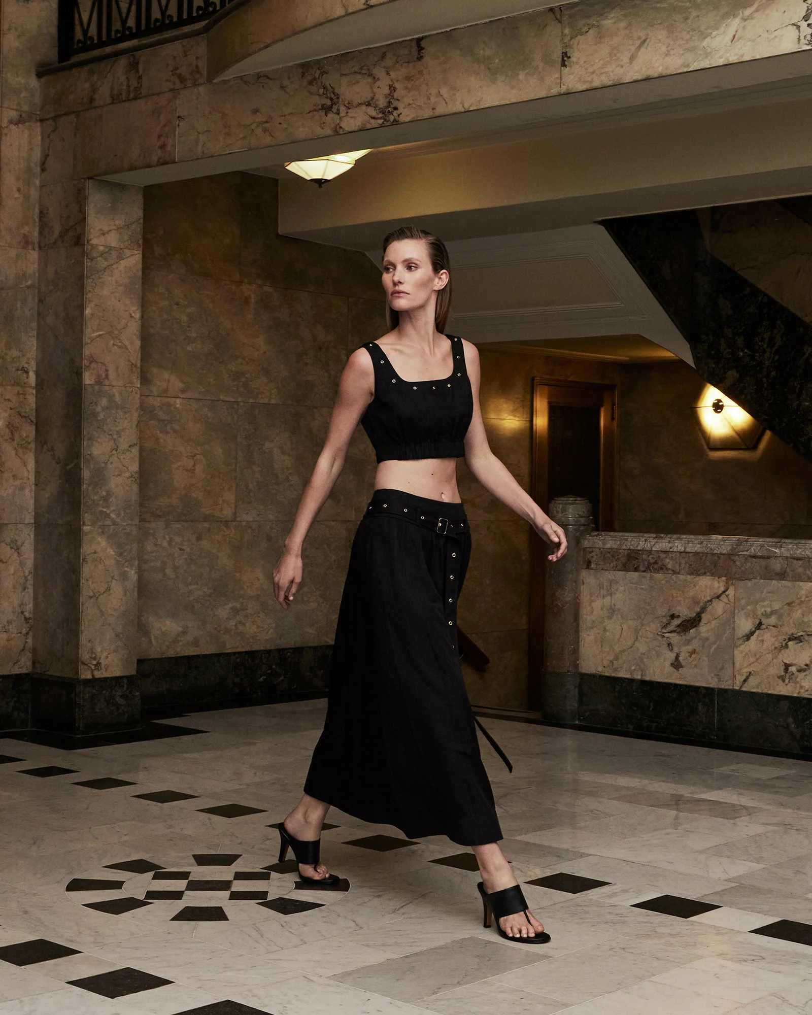 Black Modal Belted Eyelet Detail Midi Skirt