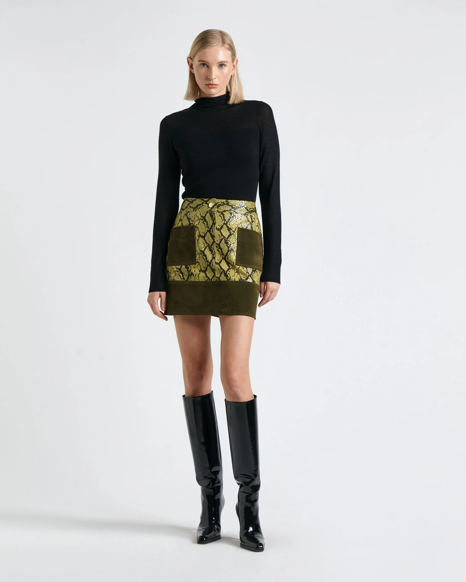 Python and Flocked Denim Mini Skirt