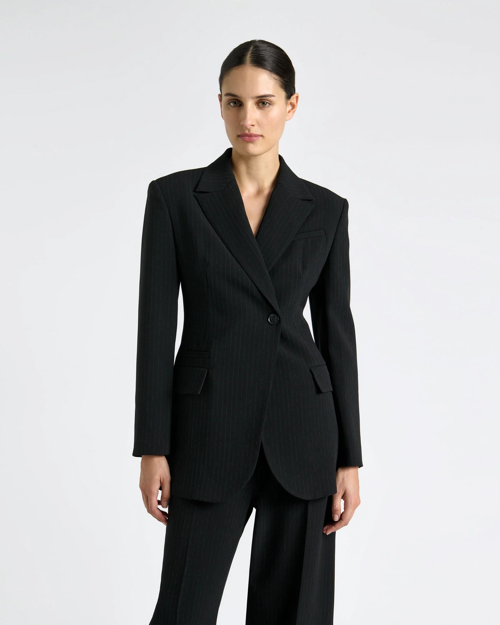 Acetate Pinstripe Curved Hem Blazer