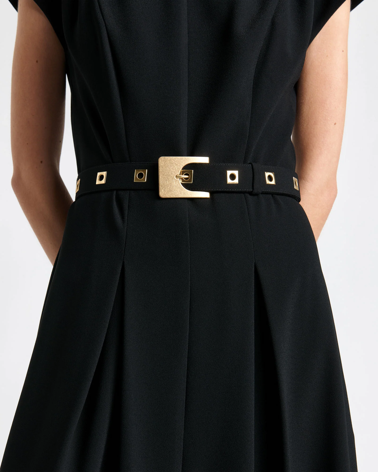 Square Buckle Belted Midi Dress