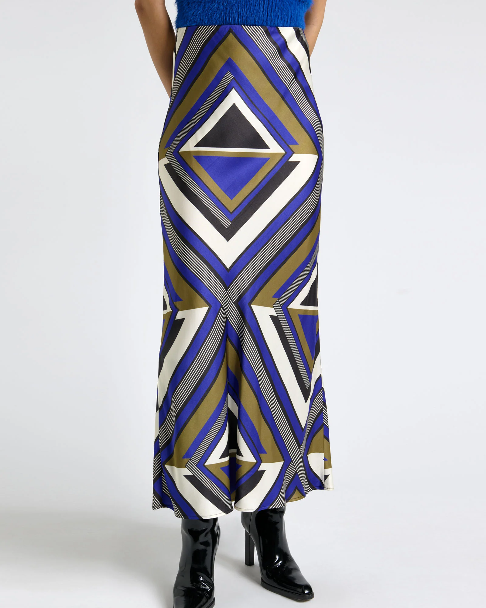 Cobalt Tile Bias Midi Skirt