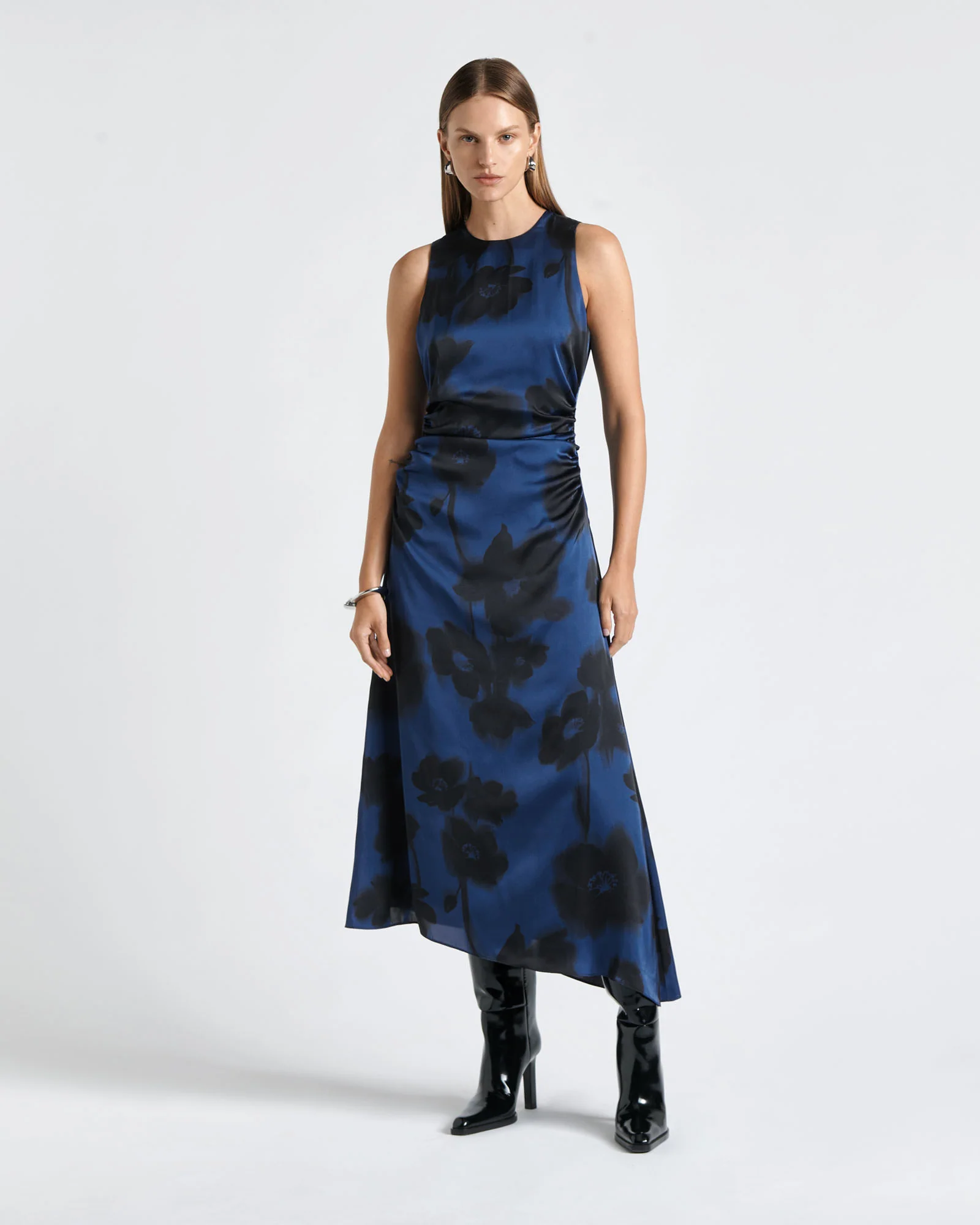 Falling Floral Satin Midi Dress
