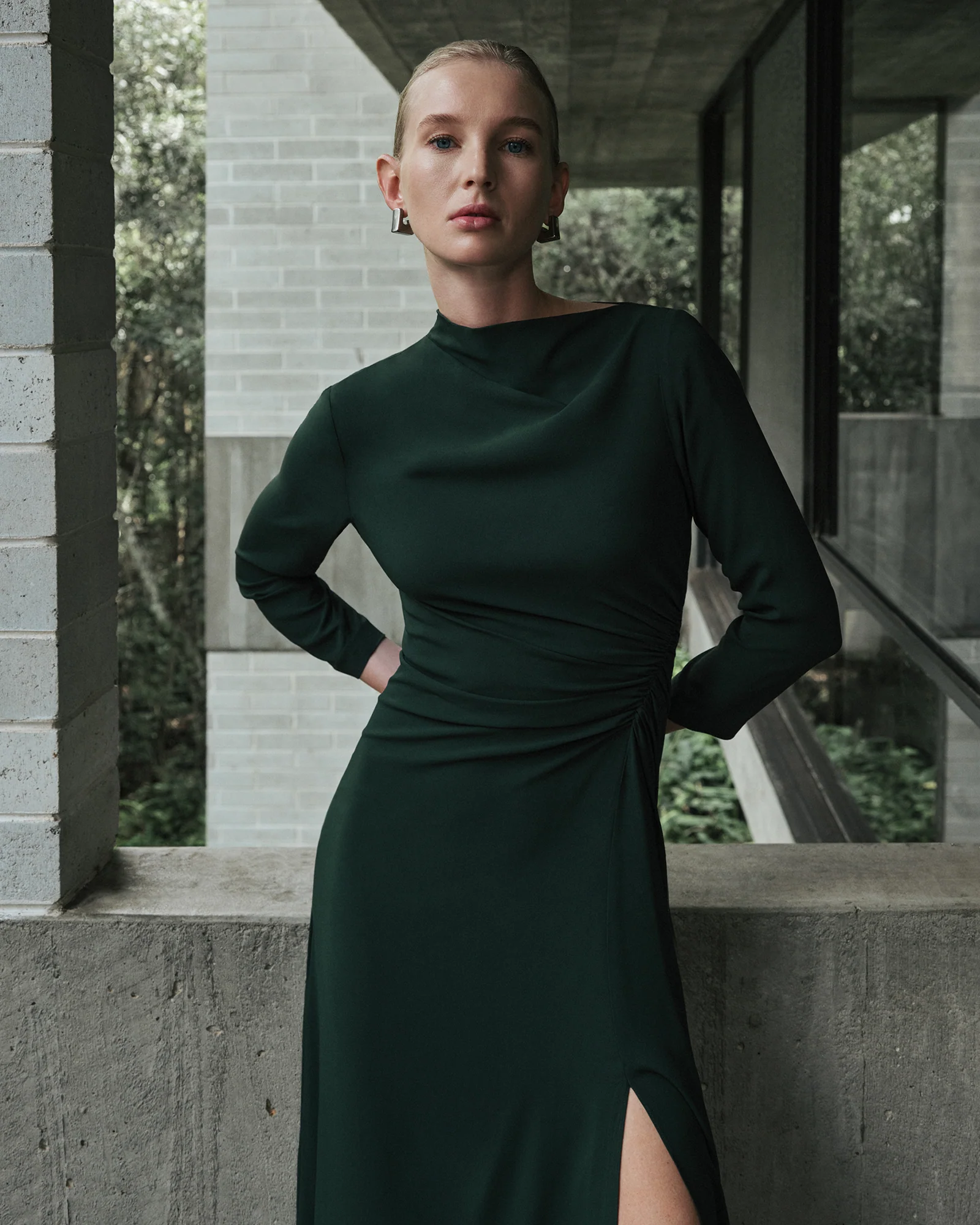 Forest Soft Viscose Draped Long Sleeve Dress
