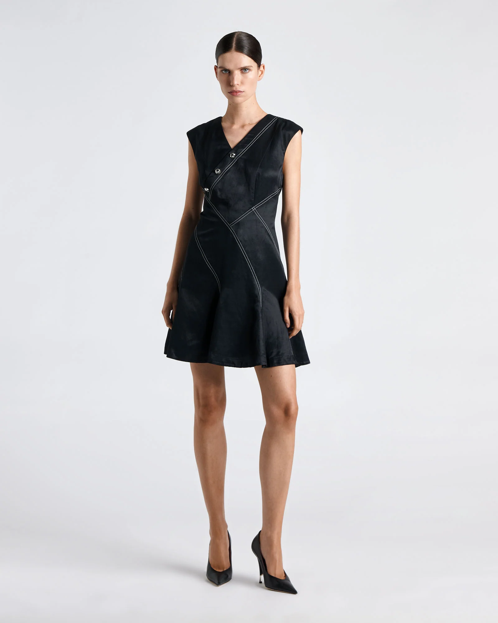 Topstitched Asymmetric Button Mini Dress
