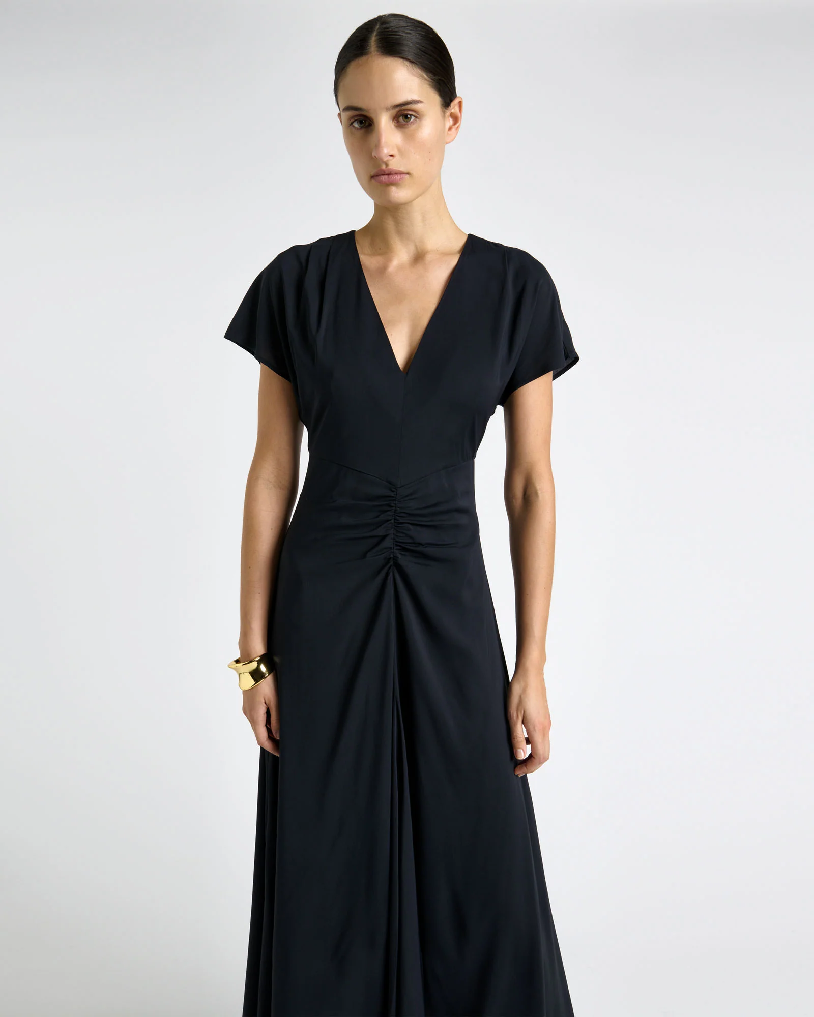 Ink Stretch Viscose Gathered Front Midi Dress