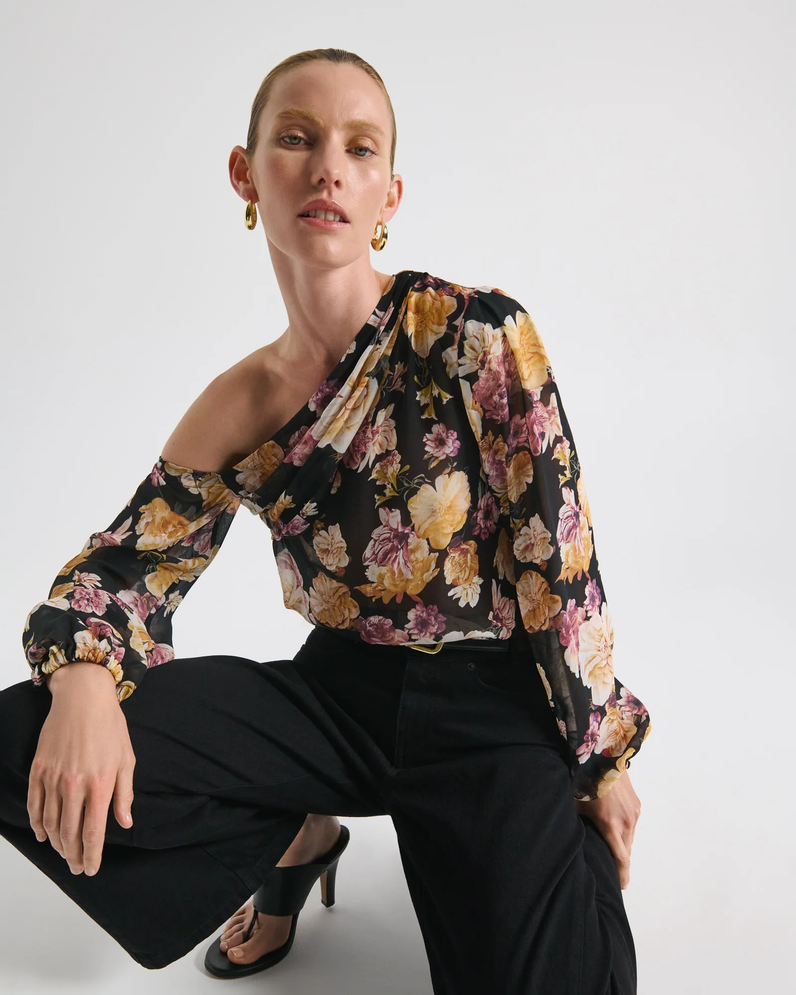 Golden Blossoms One Shoulder Top