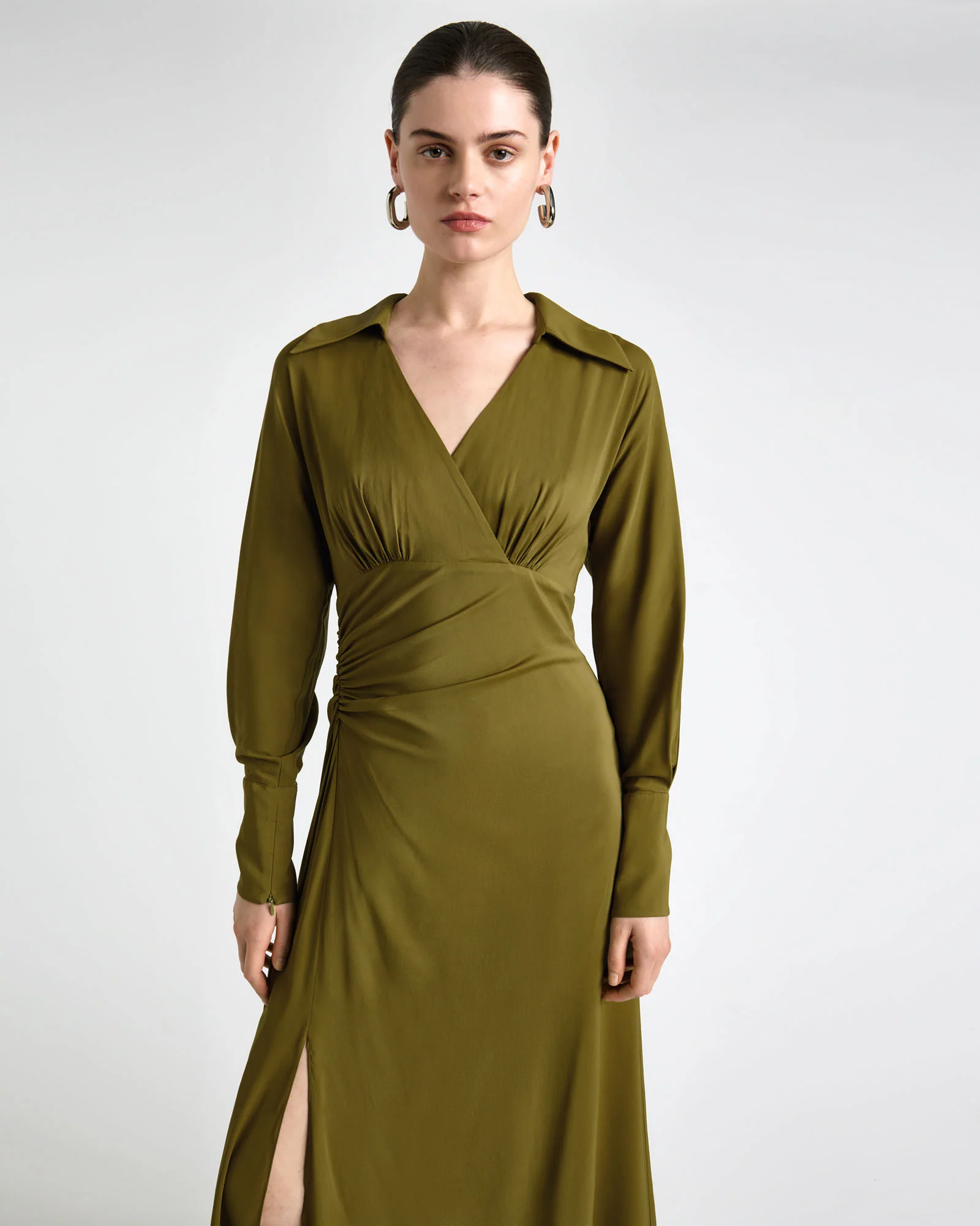 Olive Long Sleeve Ruched Midi Dress
