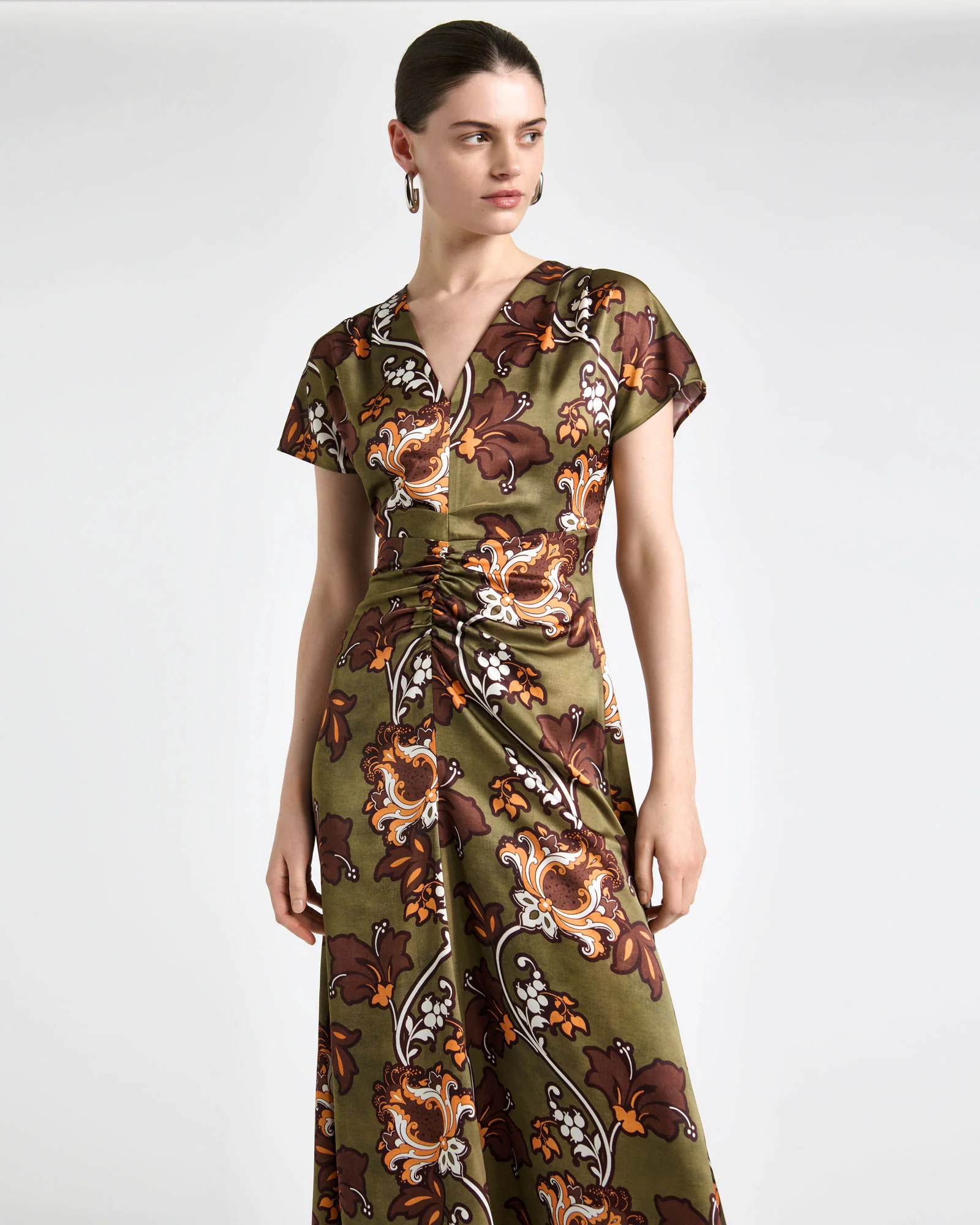 Reverie Satin Gathered Midi Dress