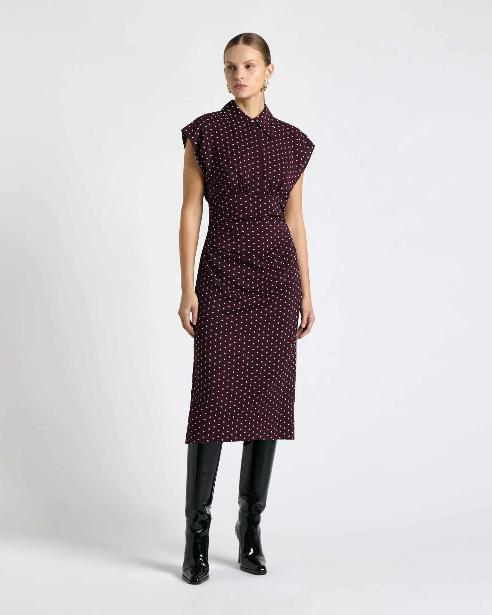 Plum Polka Dot Collared Midi Dress