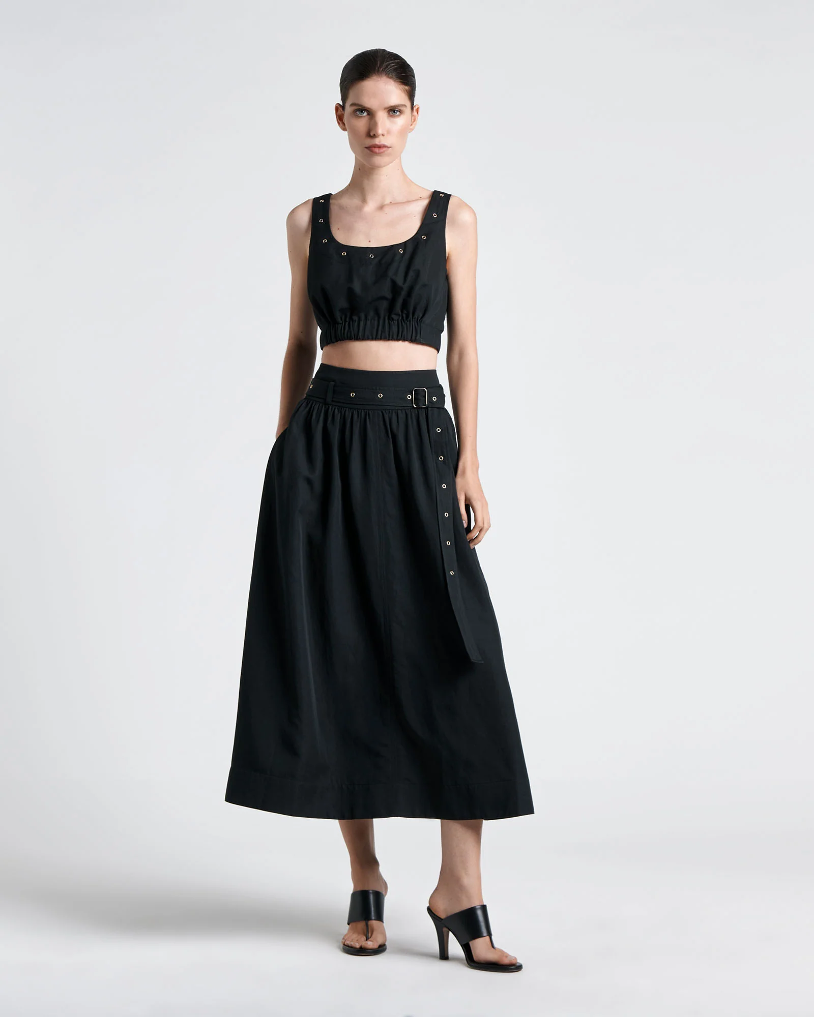 Black Modal Belted Eyelet Detail Midi Skirt