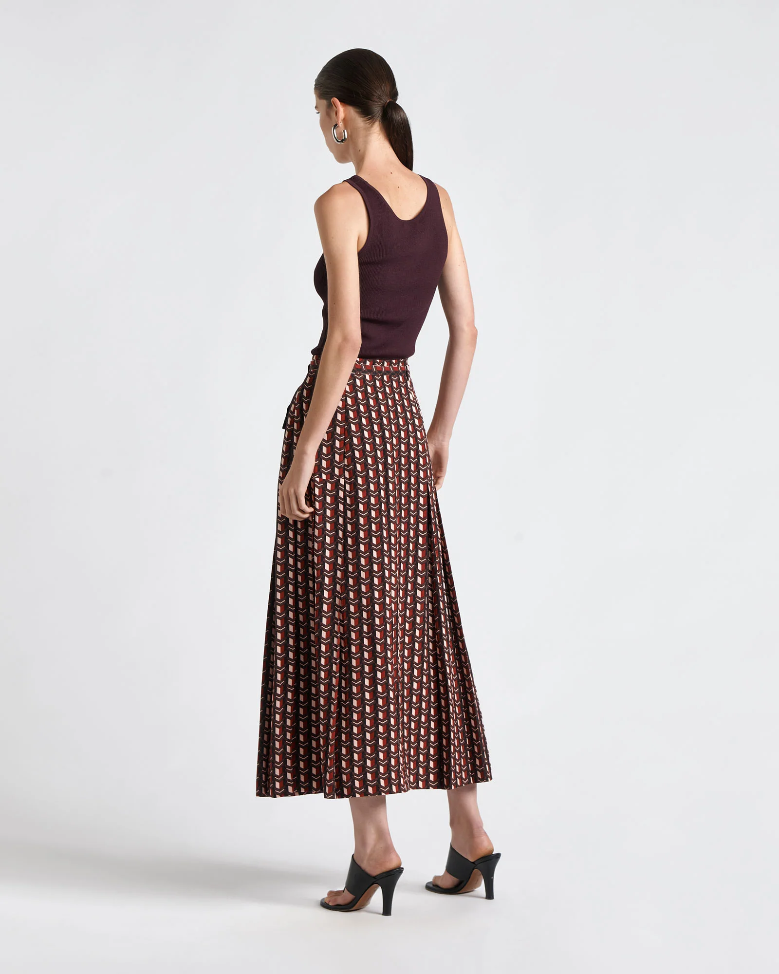 Viscose Blend Mosaic Geo Pleated Midi Skirt