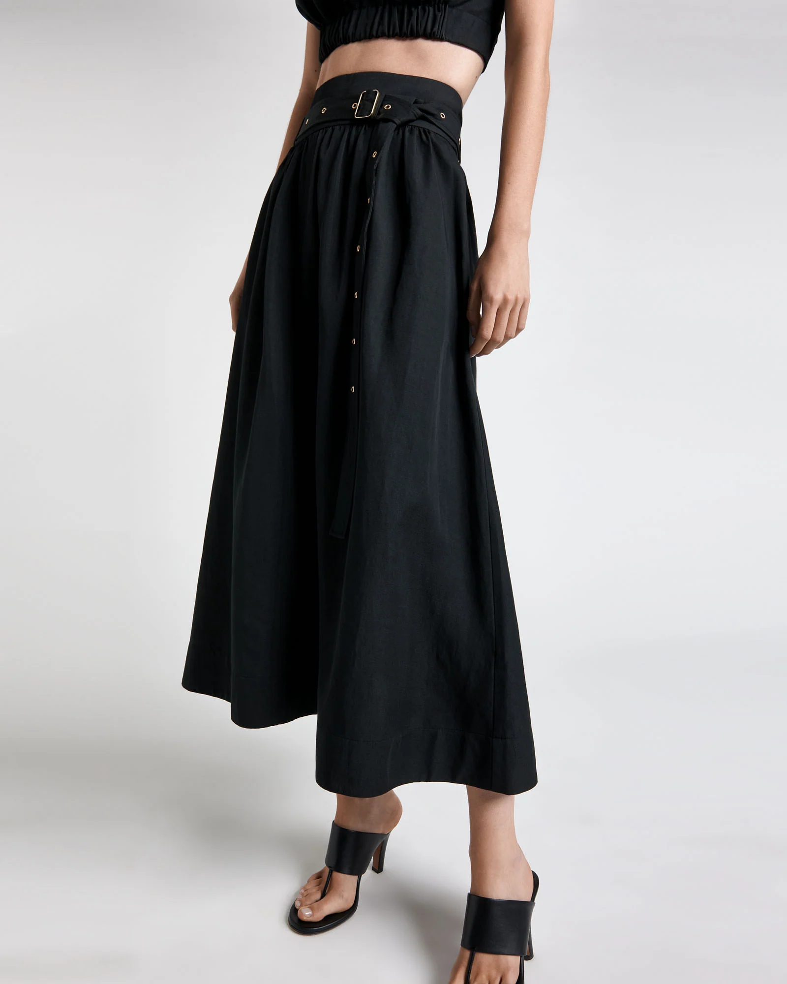 Black Modal Belted Eyelet Detail Midi Skirt