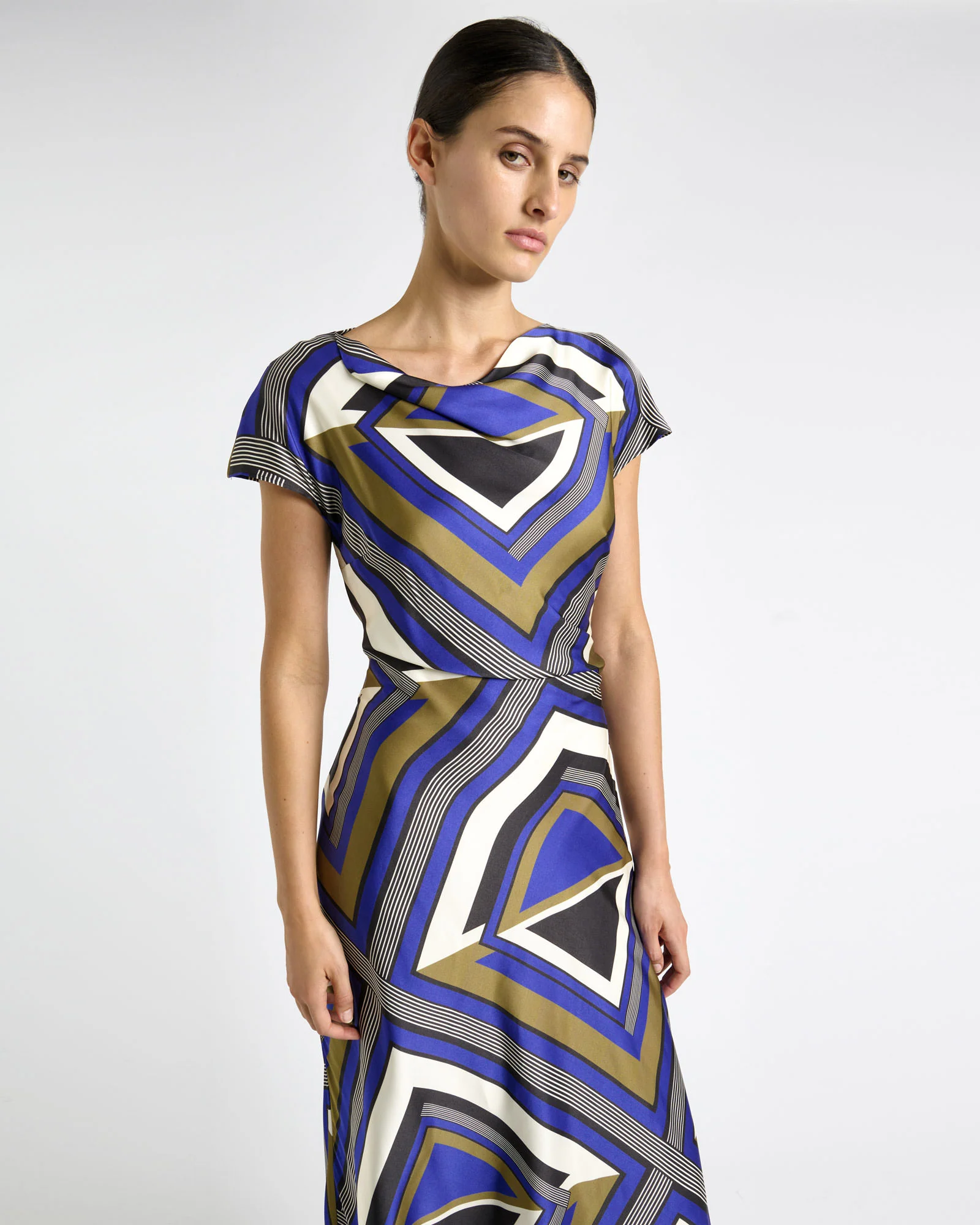 Cobalt Tile Draped Neck Asymmetric Dress