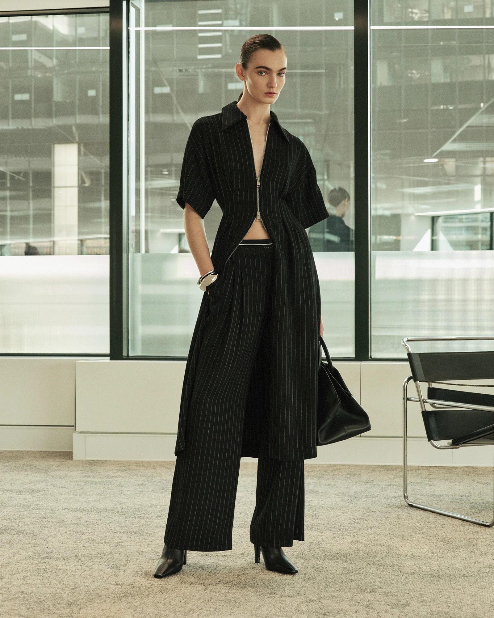 Sheer Stripe Zip Front Midi Dress