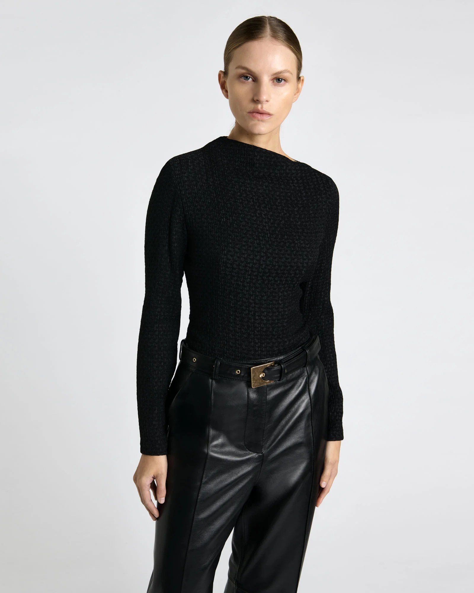 Soft Shirred Jacquard Long Sleeve Top