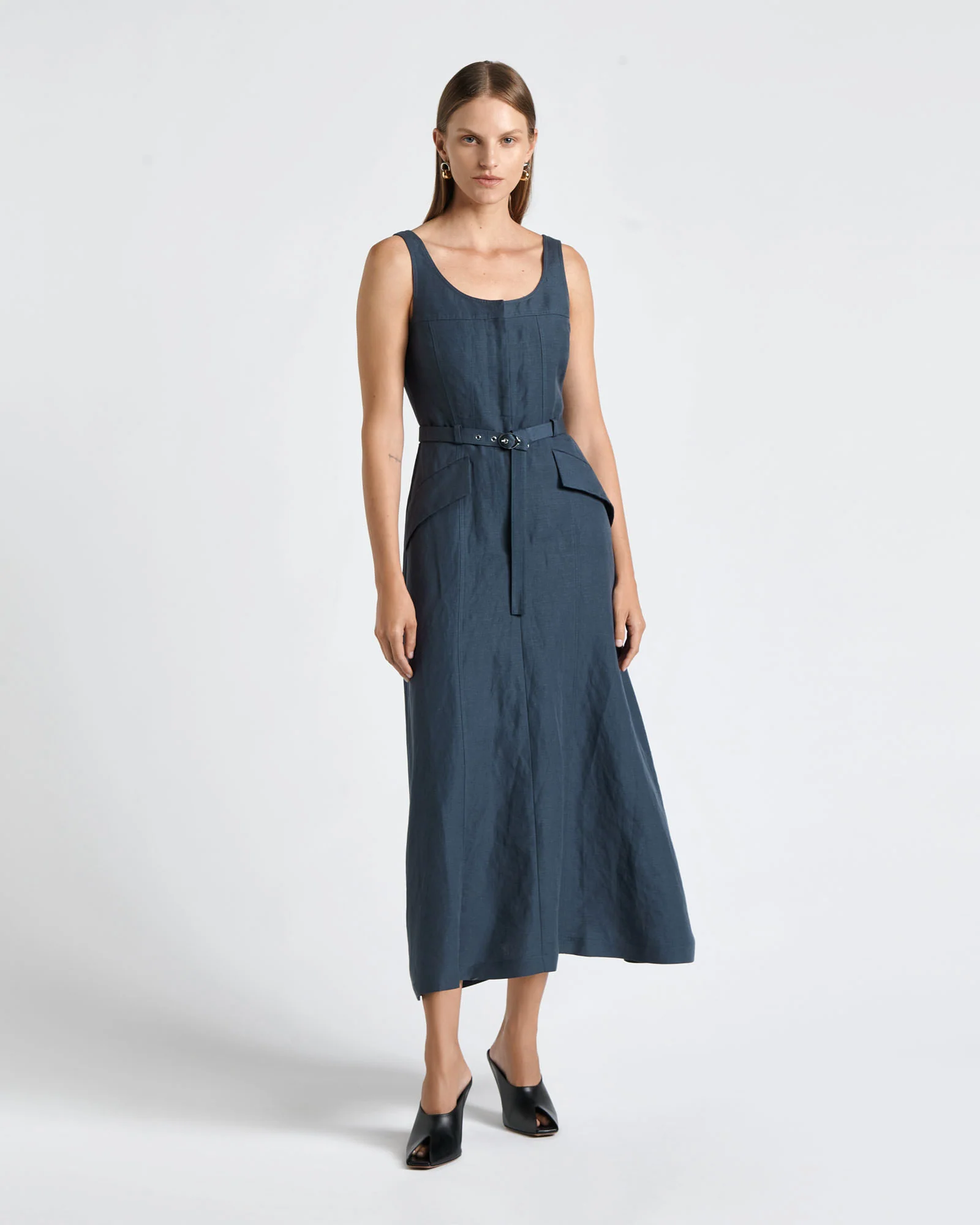 Linen Blend Buckle Detail Midi Dress