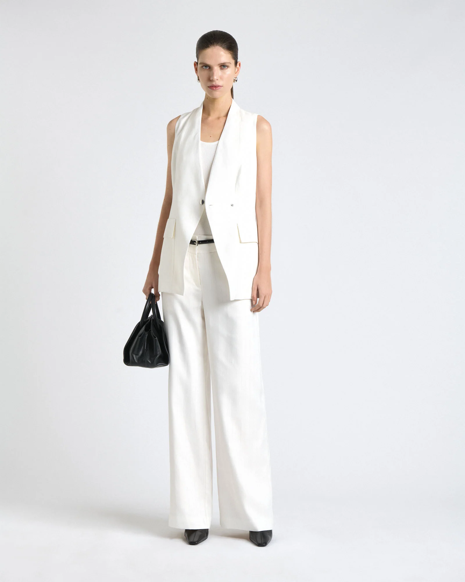 Ivory European Self Stripe Collarless Vest