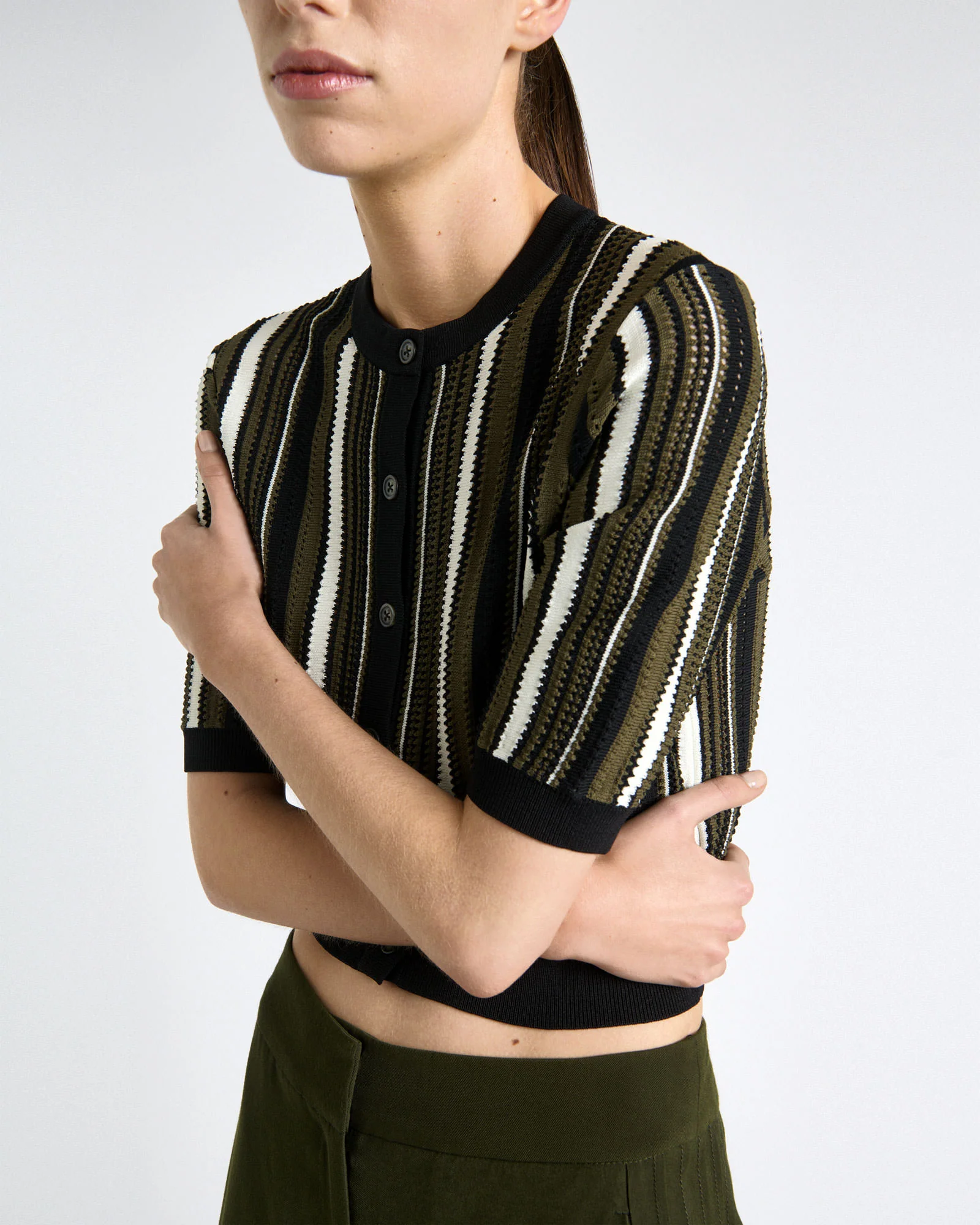 Olive Textured Stripe Short Sleeve Cardigan