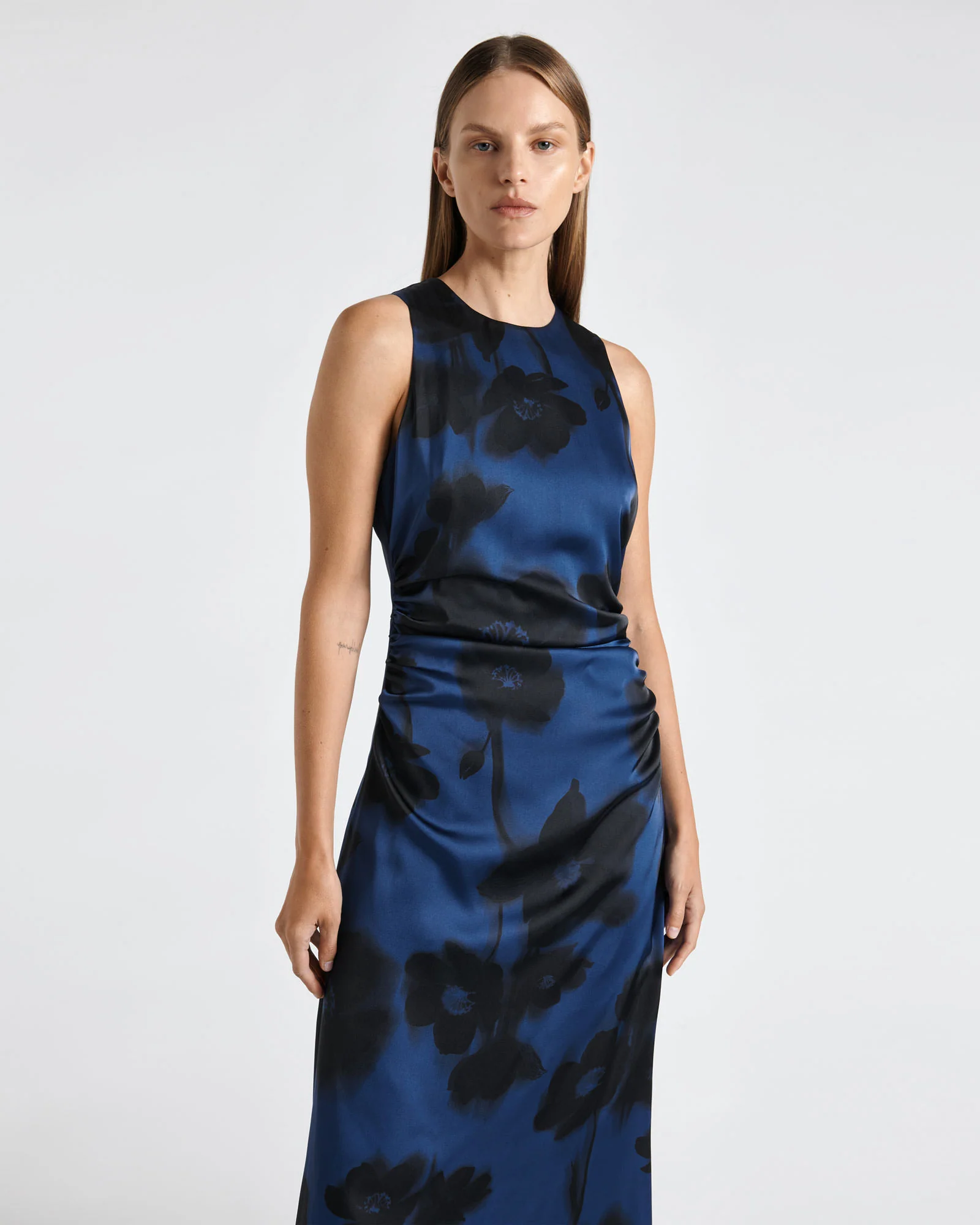 Falling Floral Satin Midi Dress