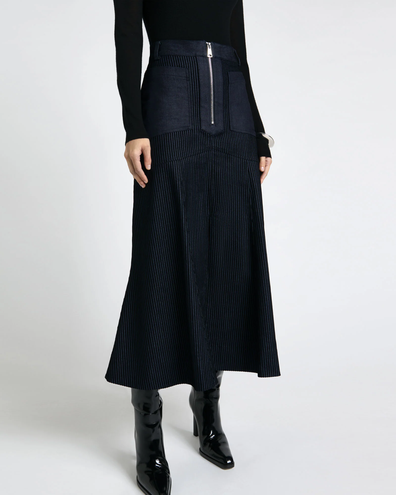 Striped Flocked Denim Midi Skirt