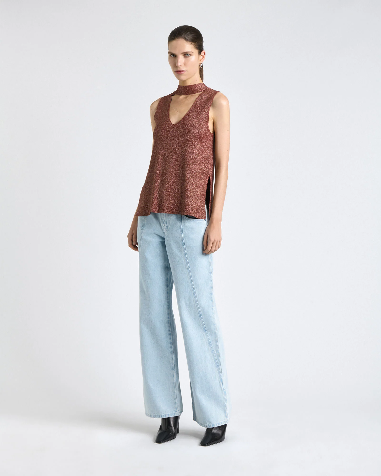 Rust Lurex Tie Neck Knit Top