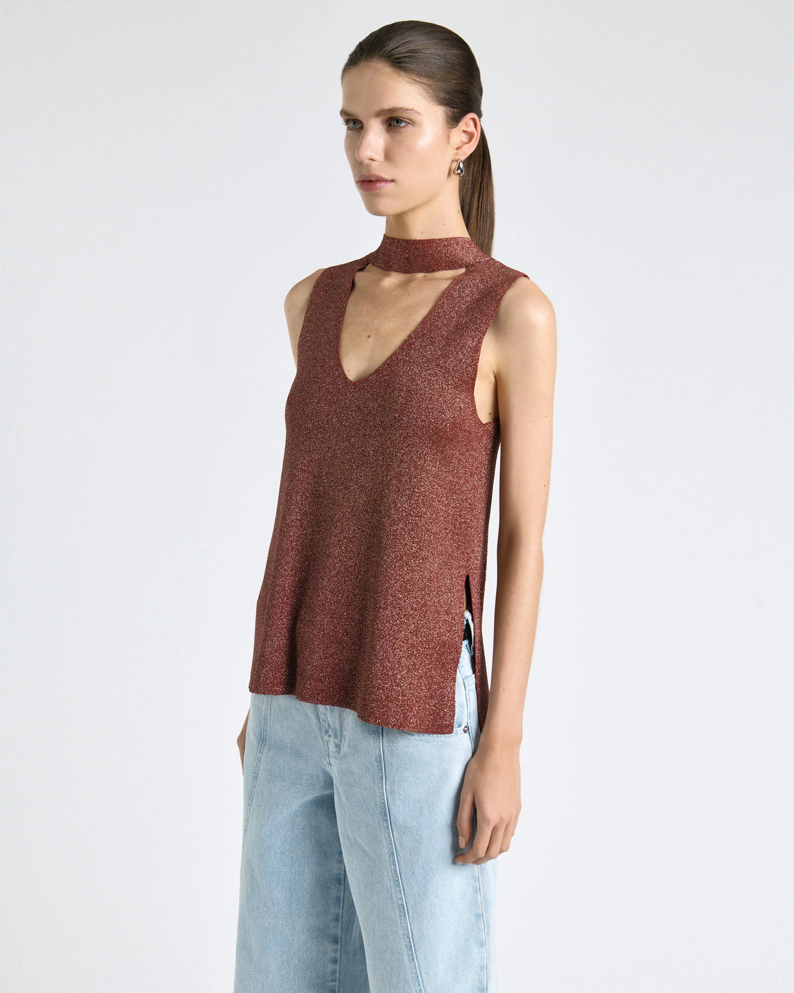 Rust Lurex Tie Neck Knit Top