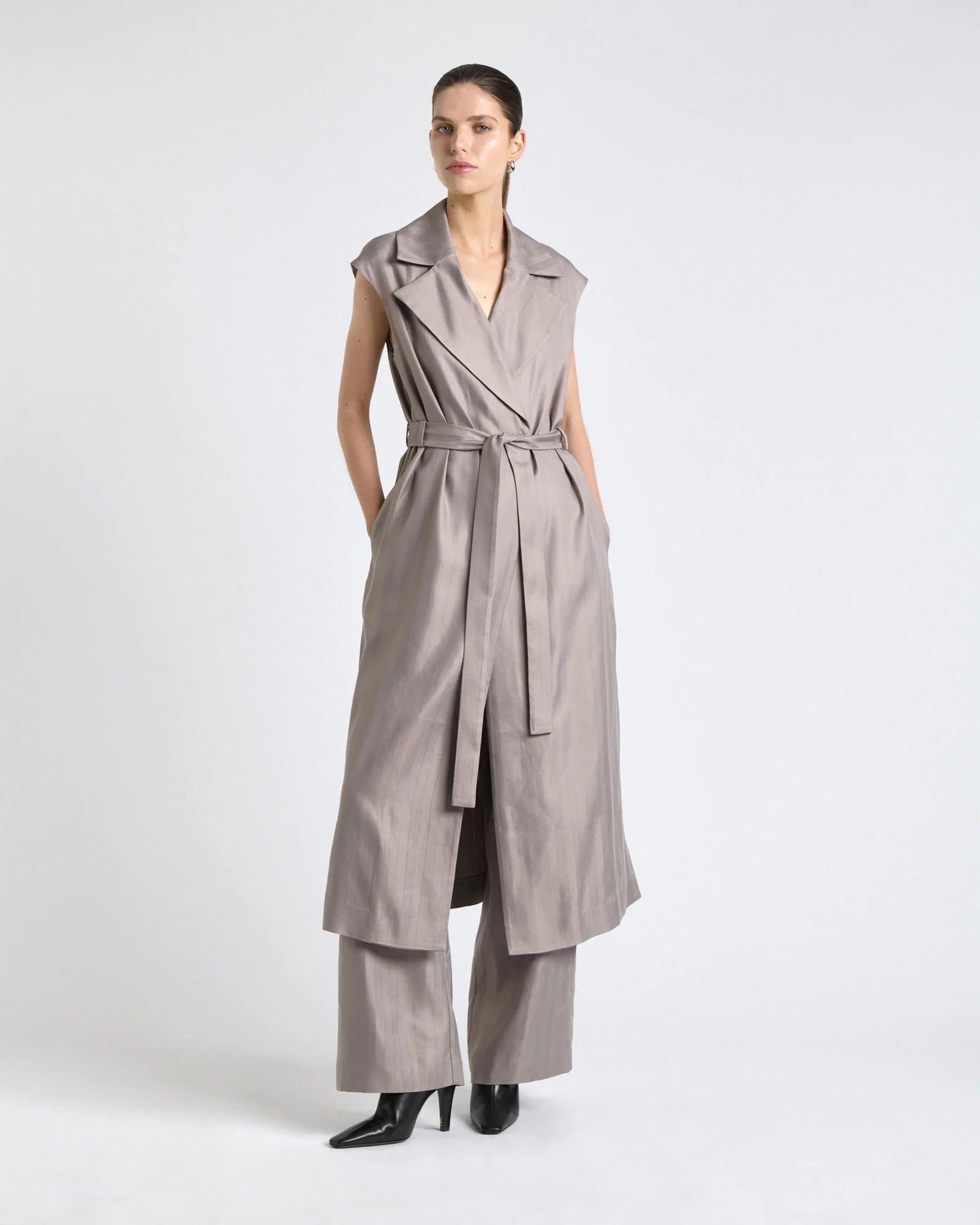 Oyster European Self Stripe Sleeveless Trench Dress