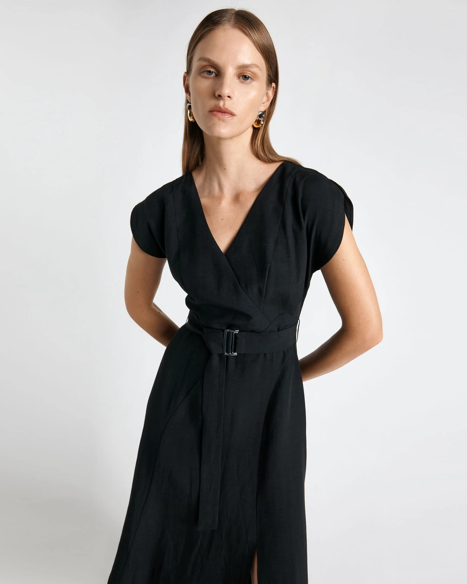 Belted Asymmetrical V-Neck Midi Dress