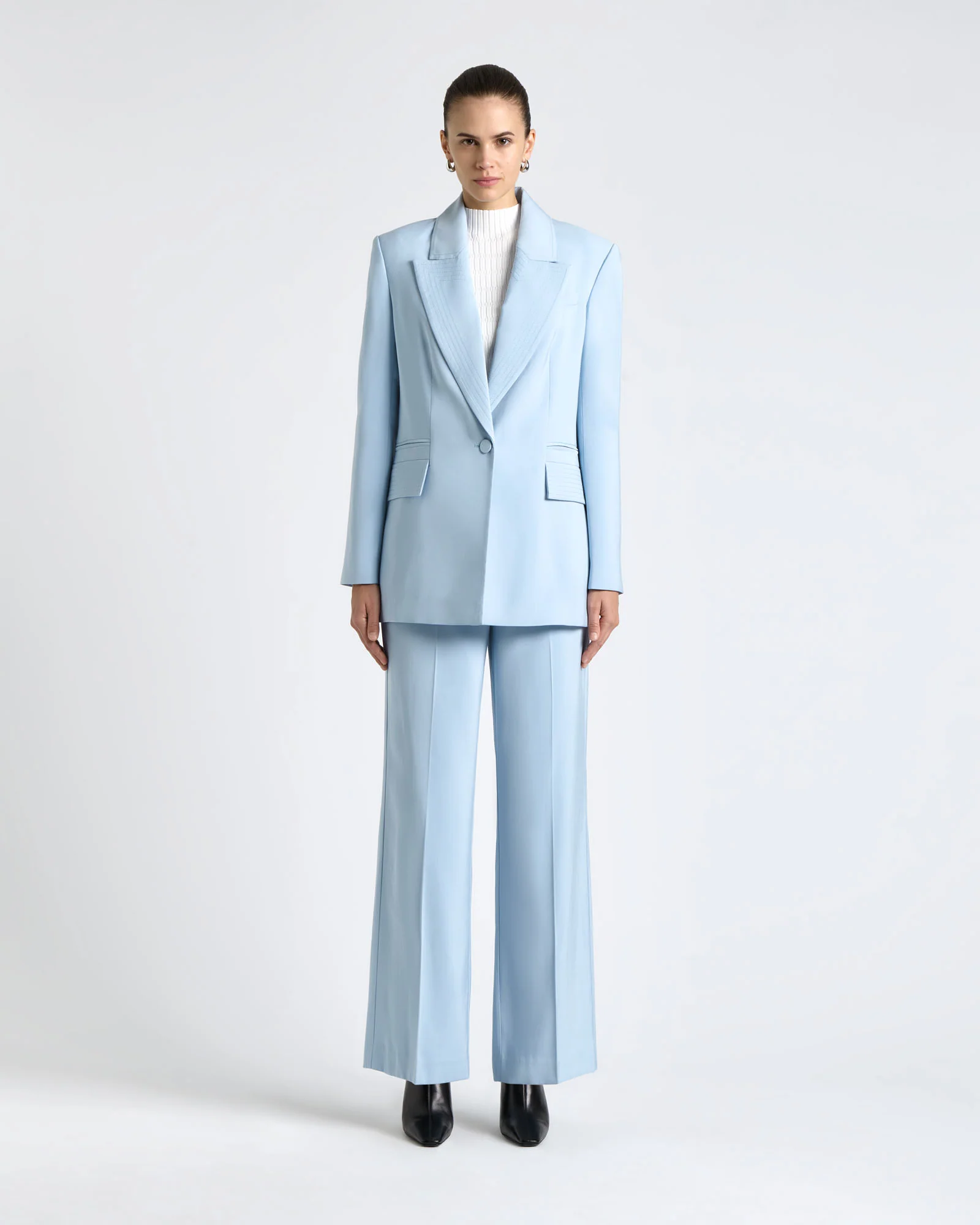 Pale Blue Viscose Twill Topstitched Blazer