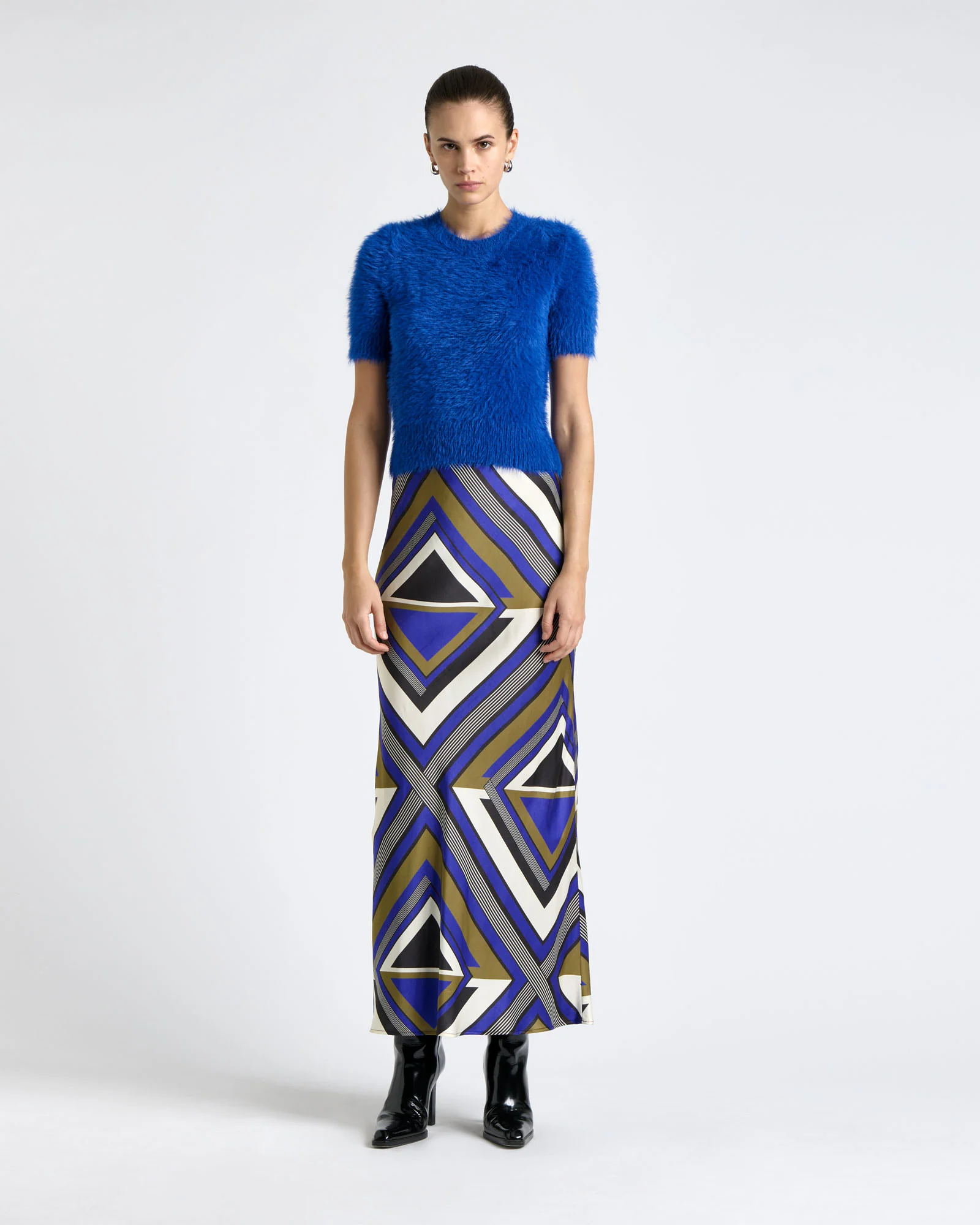 Cobalt Tile Bias Midi Skirt