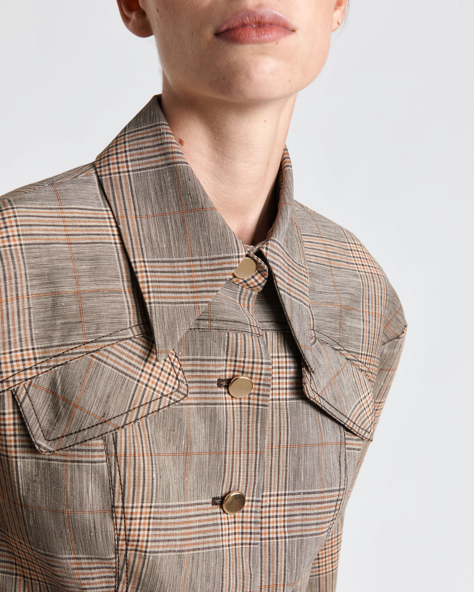 European Linen Wool Check Cropped Jacket