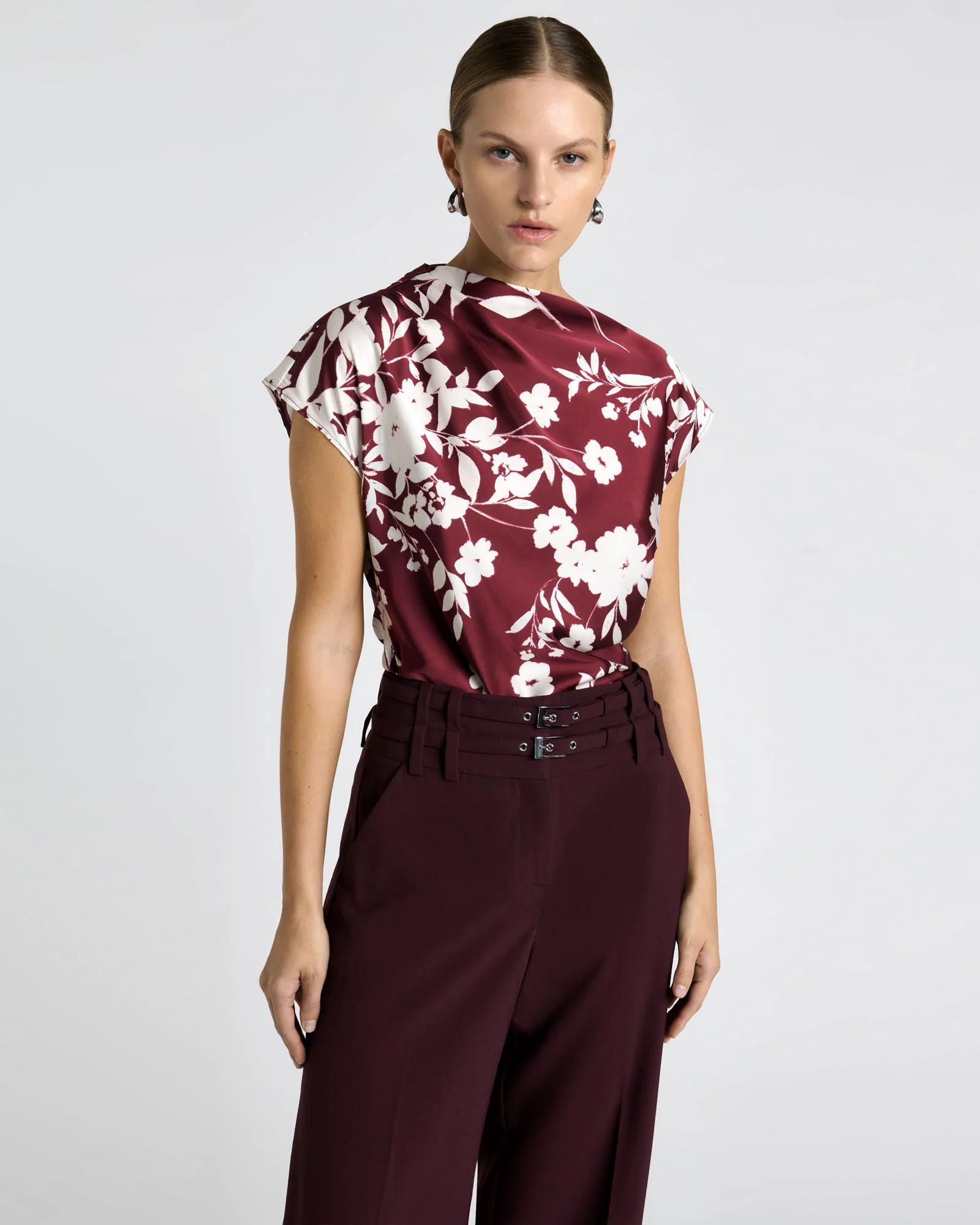 Plum Stencil Floral Draped Top