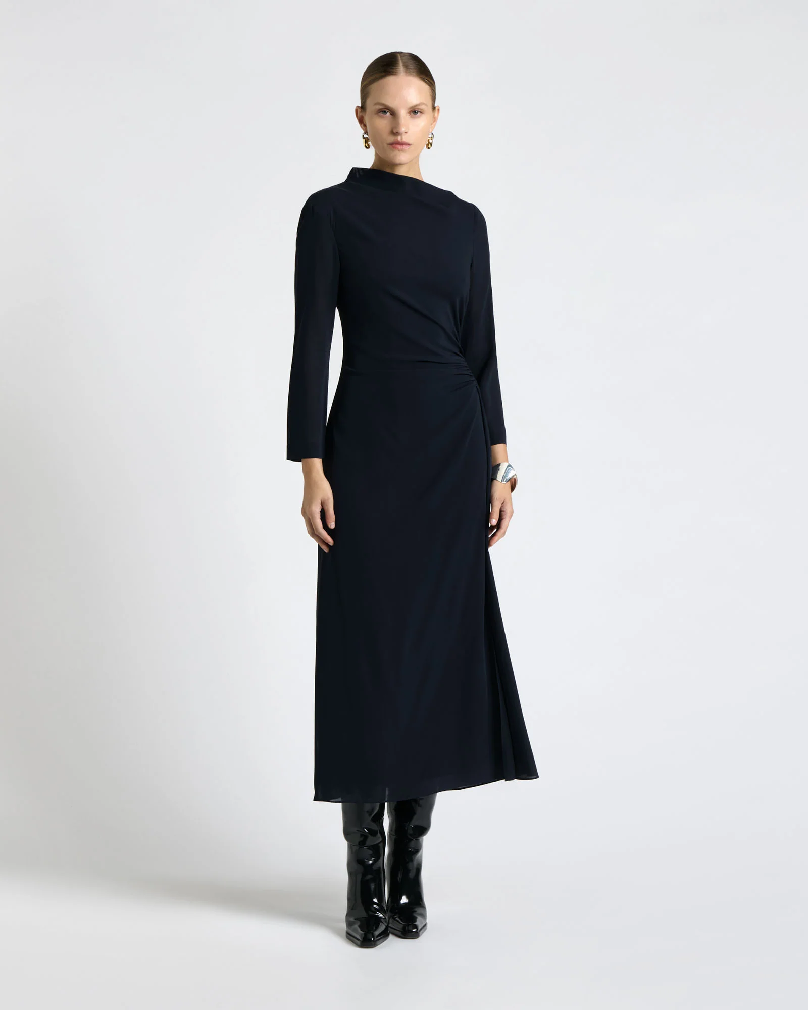 Ink Soft Viscose Draped Long Sleeve Dress