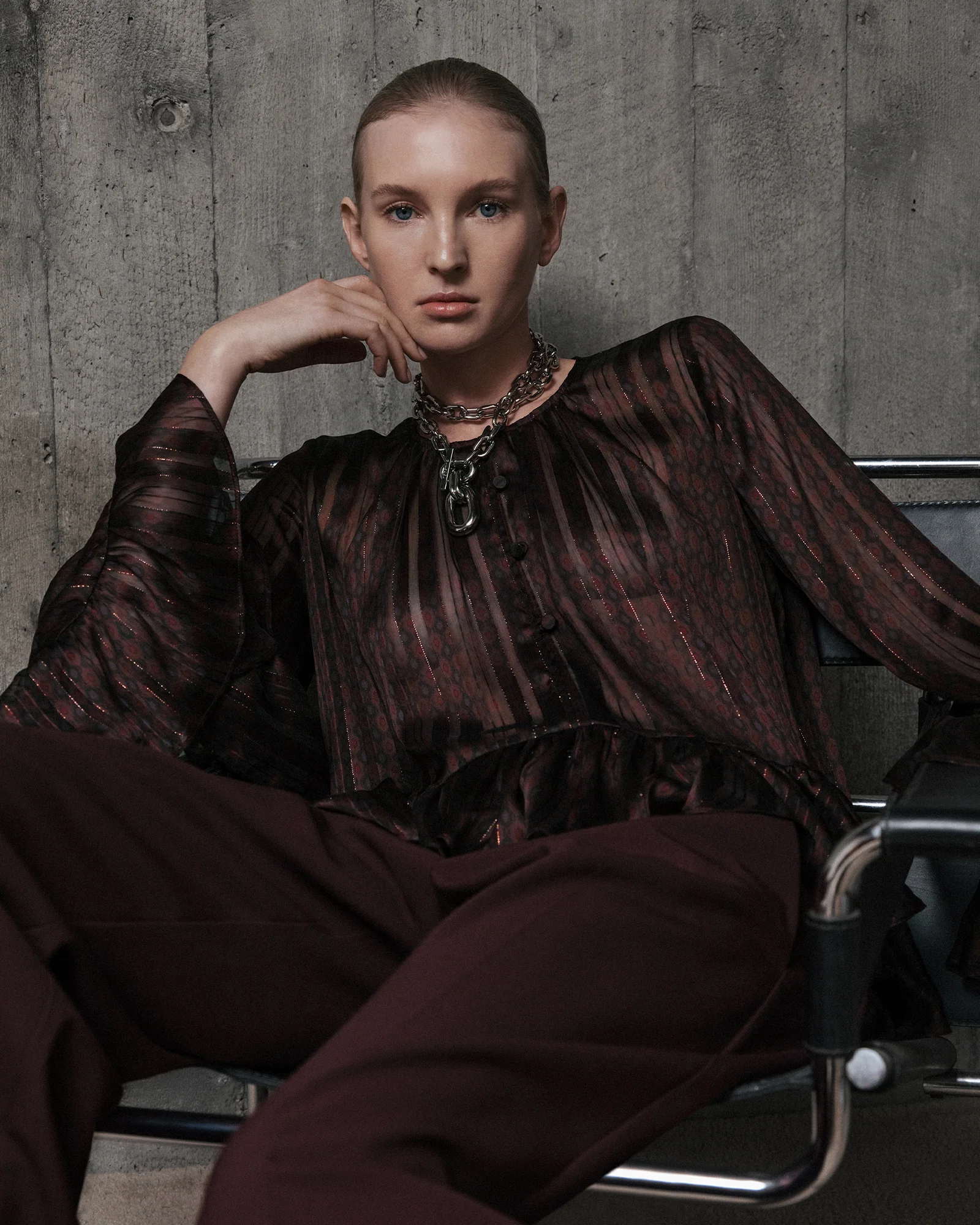 Merlot Lurex Geo Frill Top