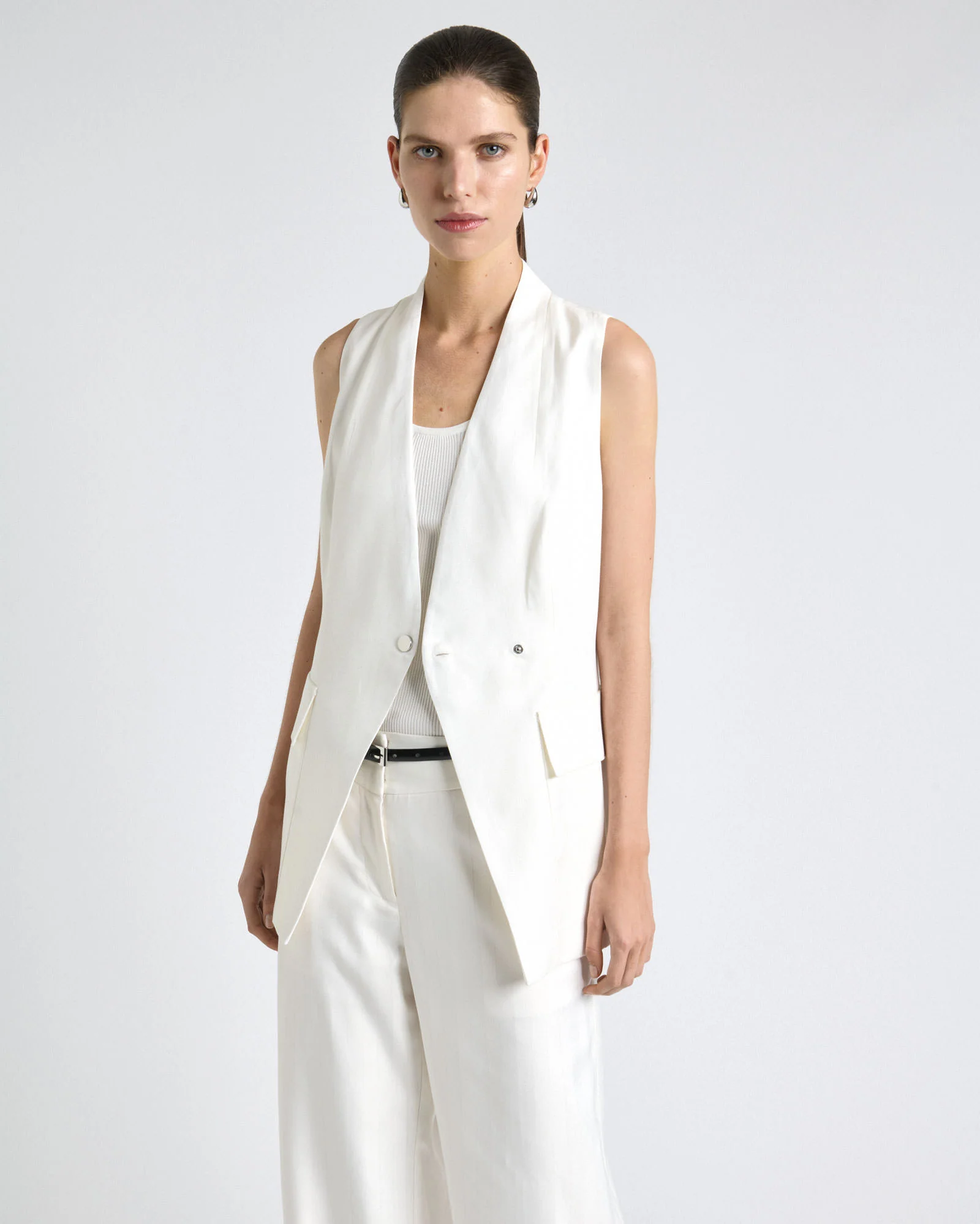 Ivory European Self Stripe Collarless Vest