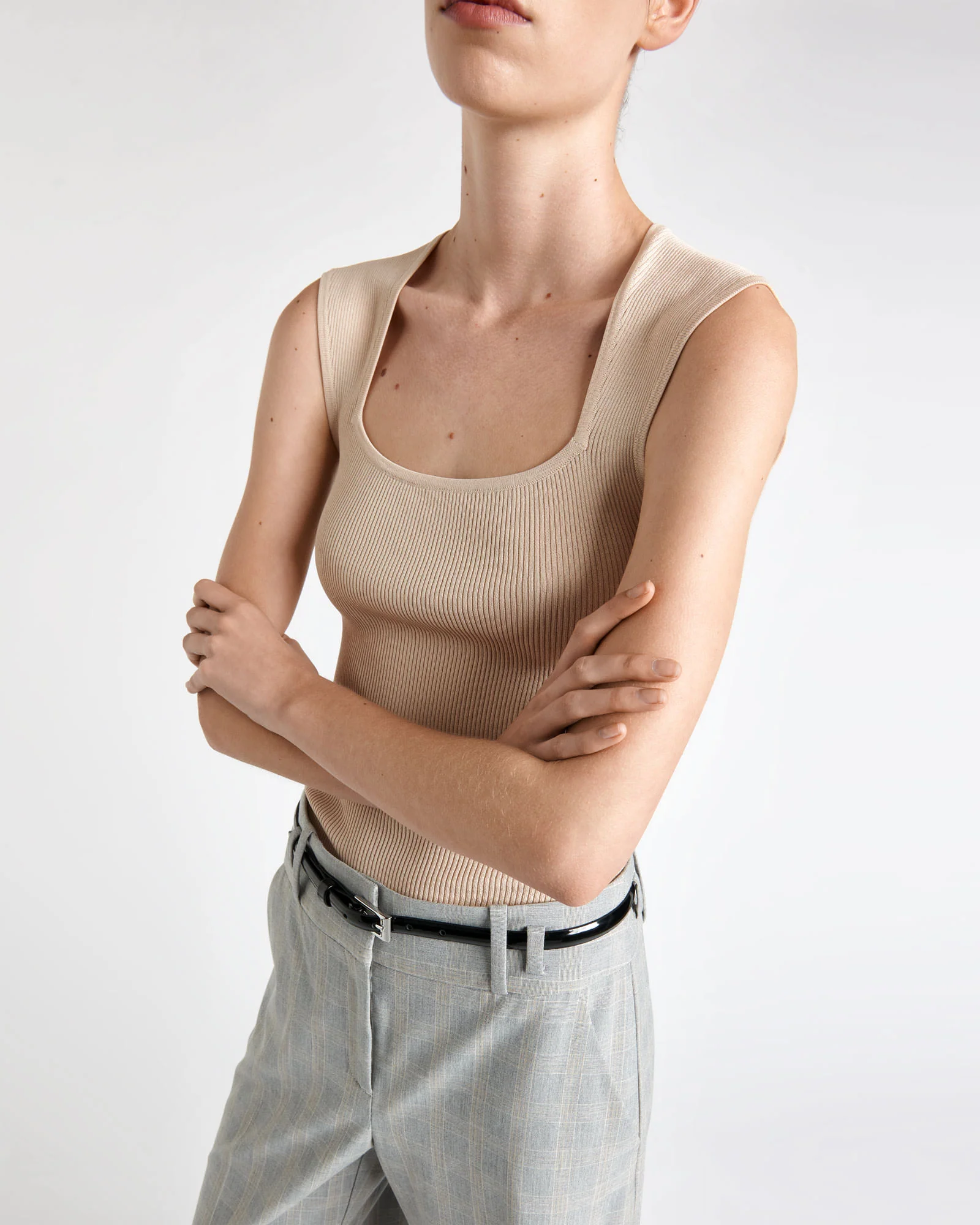 Cap Sleeve Square Neck Rib Knit