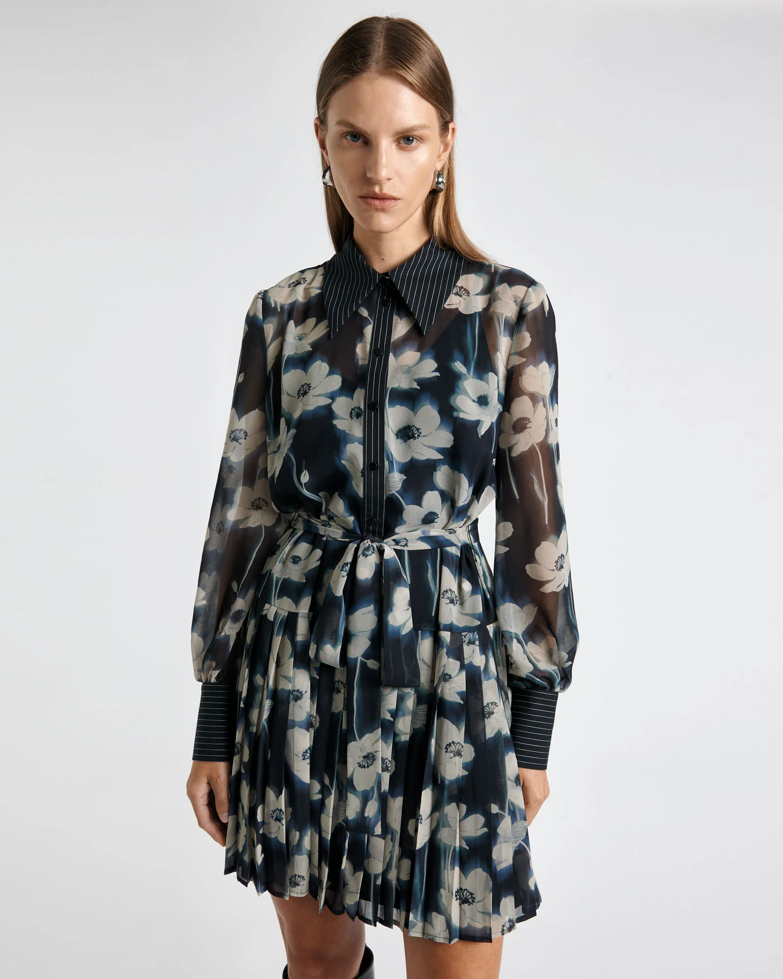 Falling Floral Pleated Shift Dress